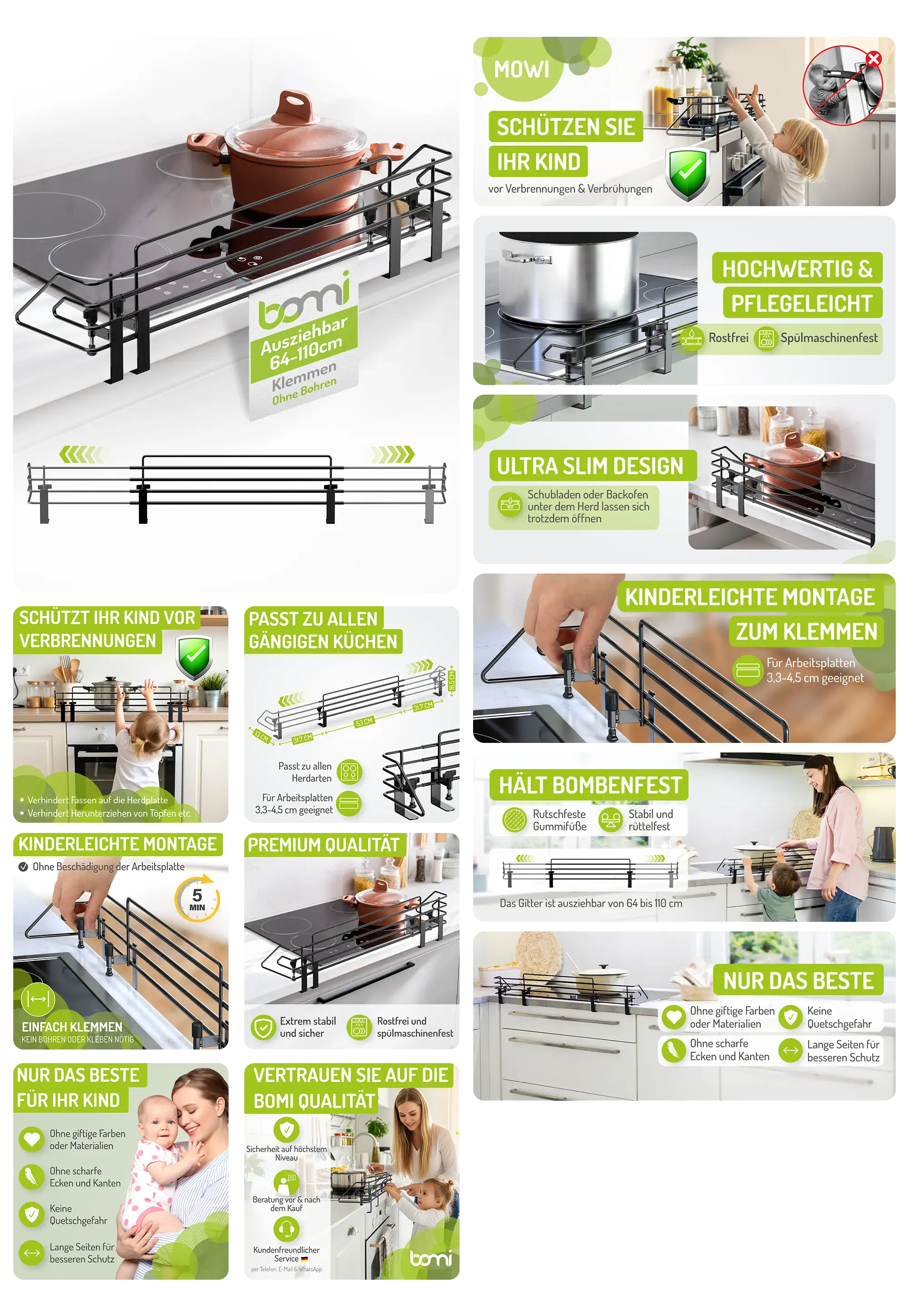 Schwarzes, ausziehbares Herdschutzgitter von Bomi Mowi, das auf einem modernen Ceran-/Induktionskochfeld geklemmt ist und Kinder vor Verbrennungen und Verbrühungen in der Küche schützt, mit Fokus auf einfache Montage und Premium-Qualität