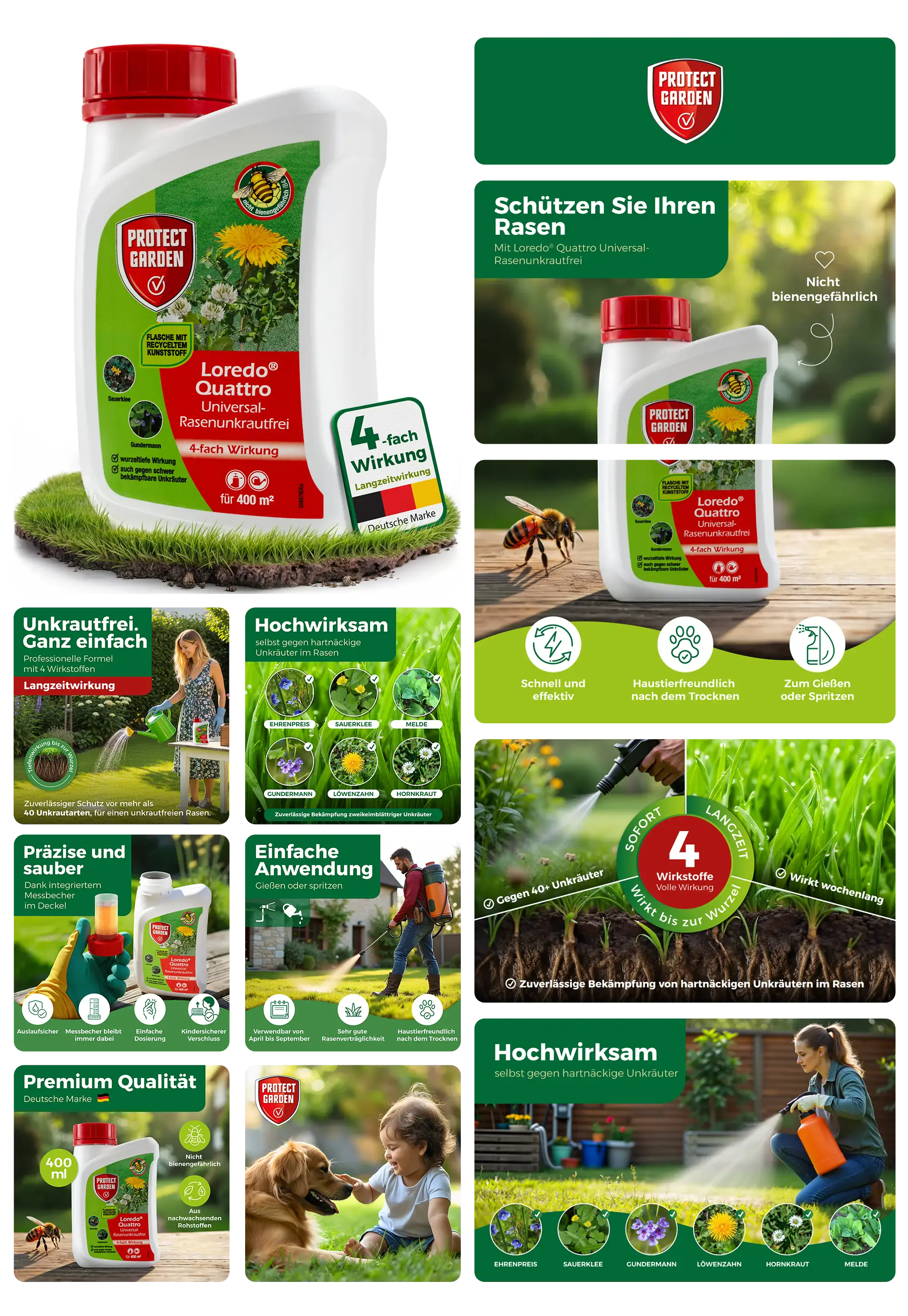 Flasche Loredo Quattro Universal-Rasenunkrautfrei von Protect Garden, ein Herbizid mit 4-facher Langzeitwirkung zur zuverlässigen Bekämpfung von über 40 Unkrautarten im Rasen, beworben als nicht bienengefährlich und haustierfreundlich nach dem Trocknen