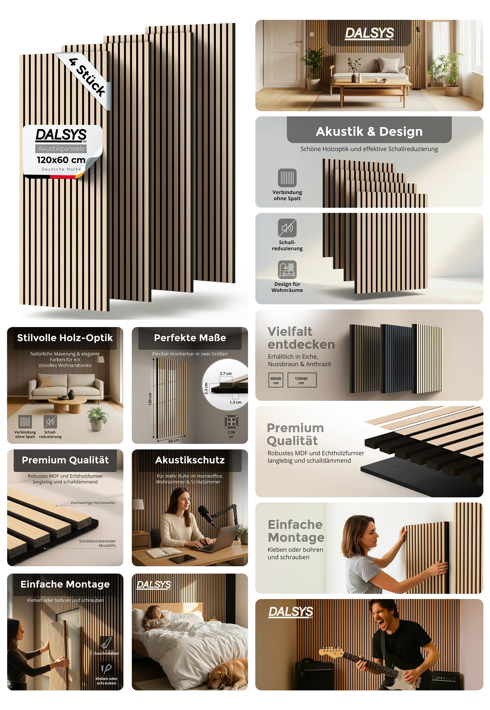 Vier Stück DALSYS Akustikpaneele in stilvoller Holzoptik (120x60 cm) zur Wandmontage, beworben für effektive Schalldämpfung, Premium-Qualität aus MDF und Echtholzfurnier sowie einfache Montage durch Kleben oder Schrauben