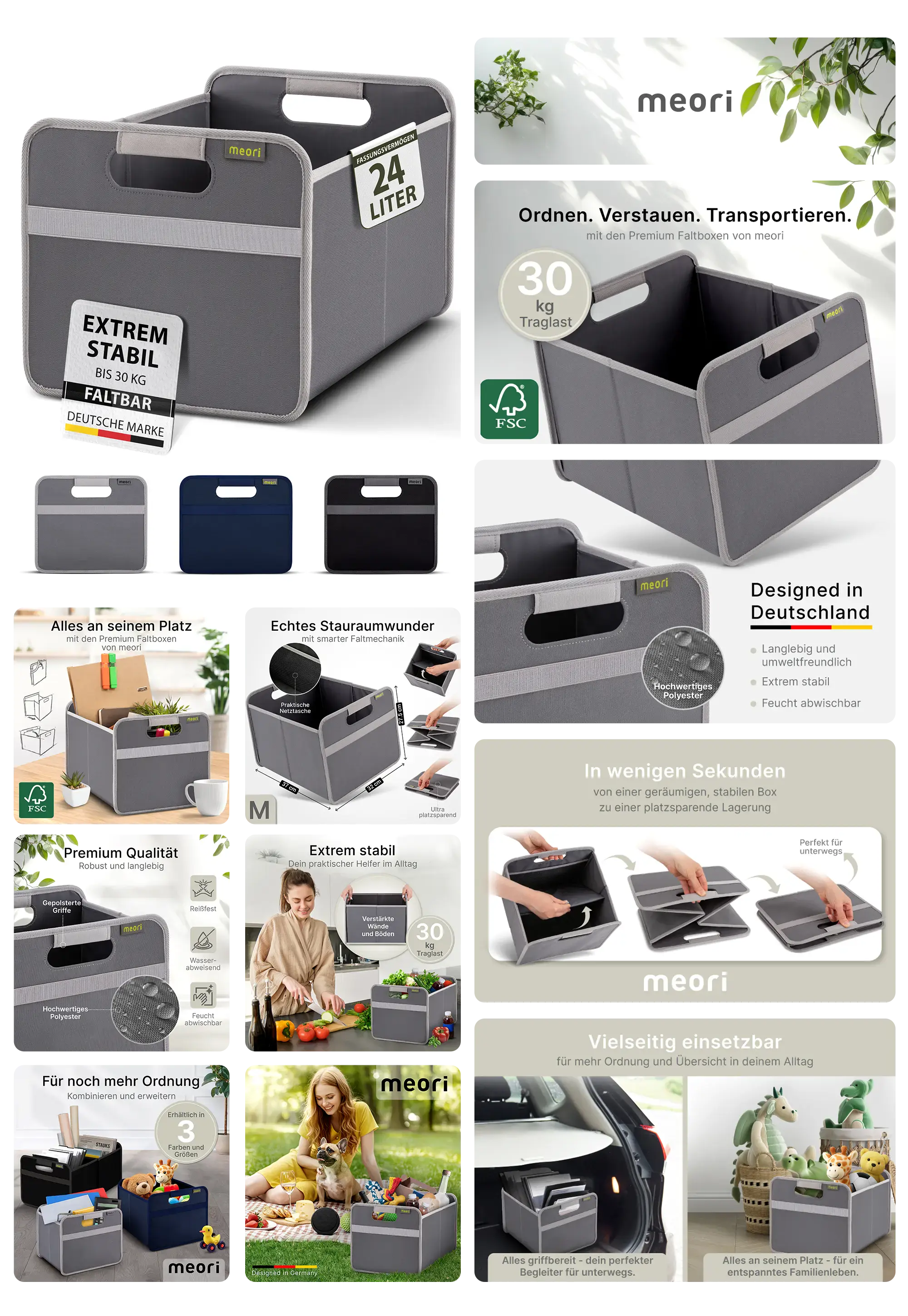 Graue meori Faltbox (24 Liter) mit Griffen, beworben als extrem stabil (bis 30 kg Traglast), faltbar und langlebig, ideal zum Ordnen, Verstauen und Transportieren von Gegenständen im Haushalt, Auto oder Garten