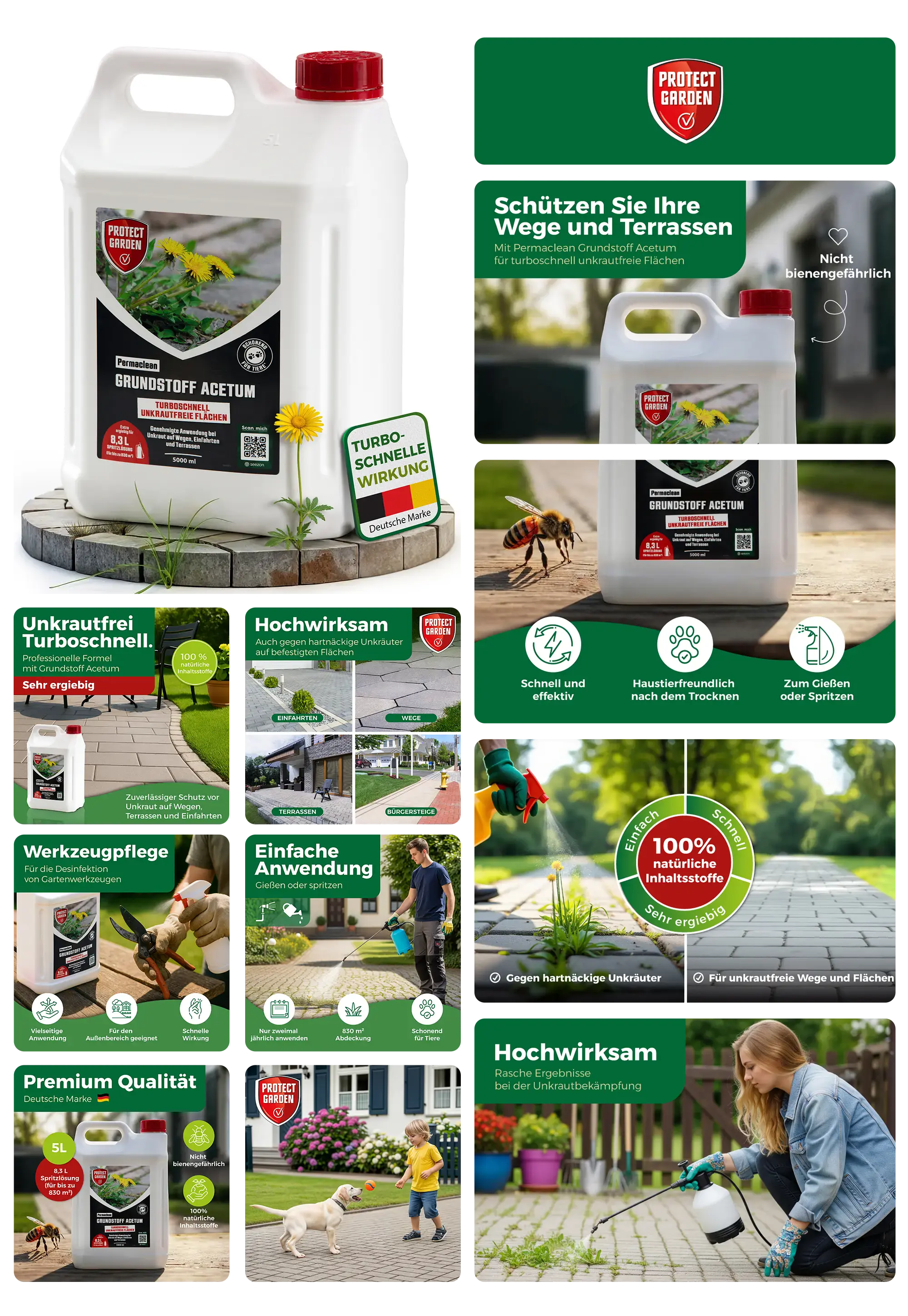 5-Liter-Kanister Permaclean Grundstoff Acetum (Essigsäure), ein turboschneller Unkrautvernichter mit 100% natürlichen Inhaltsstoffen für die unkrautfreie Reinigung von Wegen und Terrassen, beworben als nicht bienengefährlich