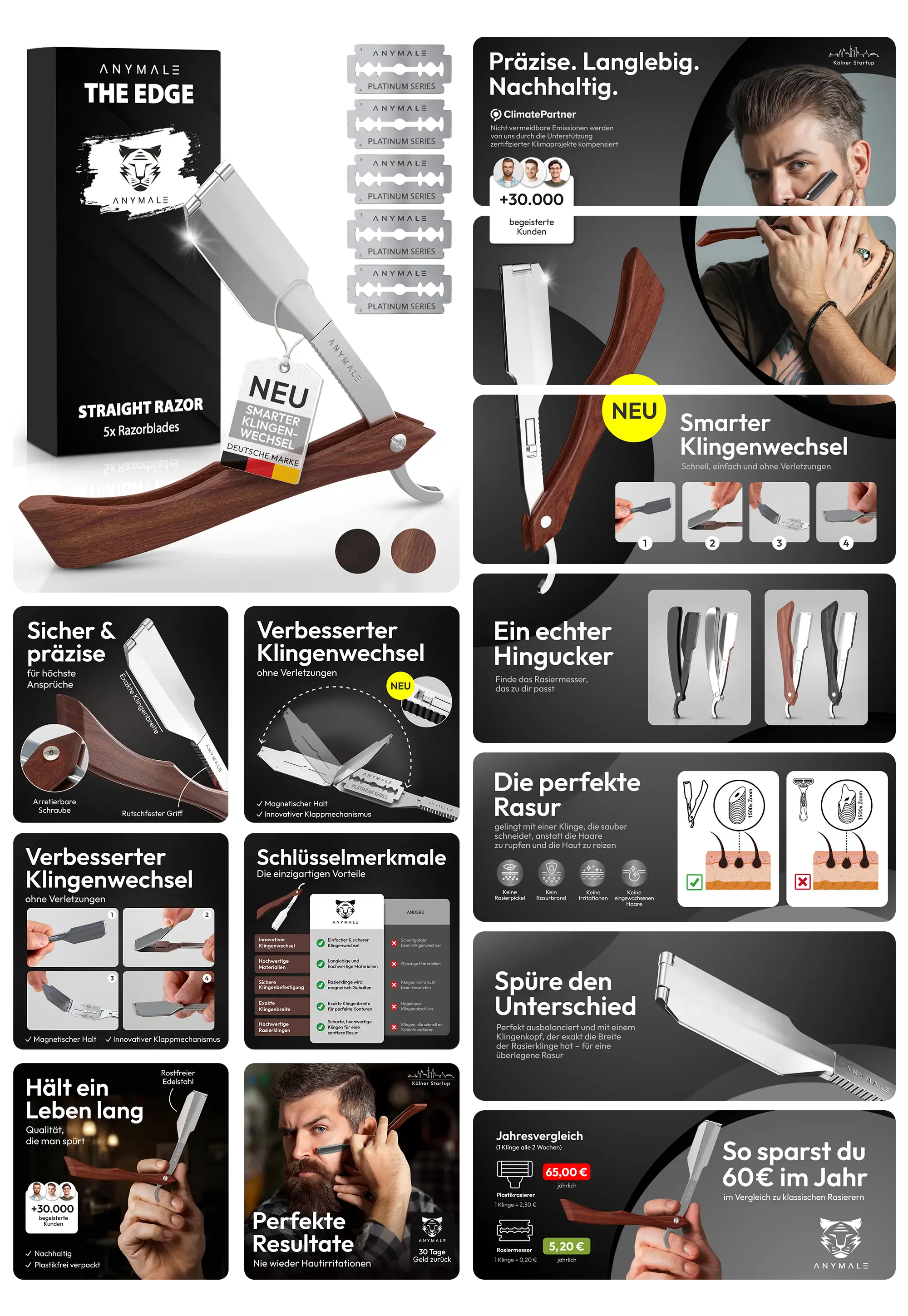 ANYMALS THE EDGE Straight Razor (Rasiermesser) mit Echtholzgriff und silbernem Klingenhalter, beworben als präziser, langlebiger und nachhaltiger Rasierer mit smartem Klingenwechsel für die perfekte Nassrasur