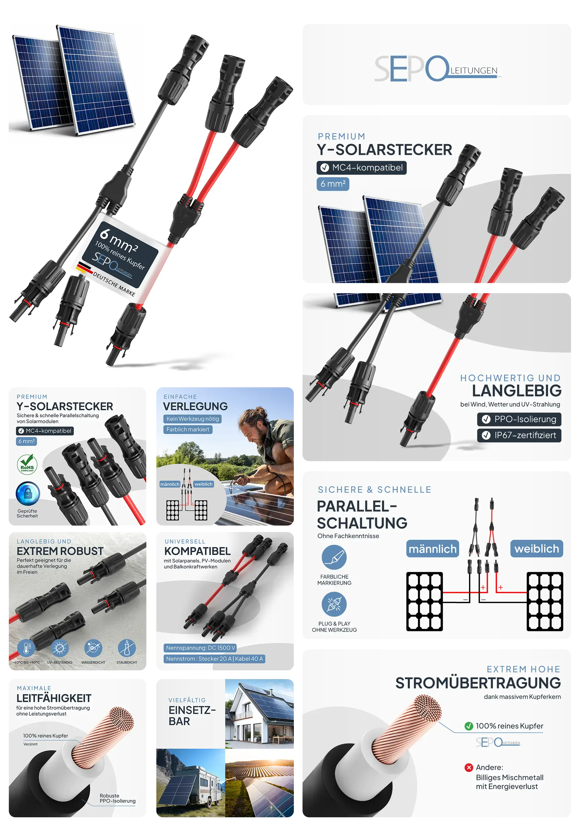 Schwarzes und rotes Solar Y-Kabel (6 mm², MC4-kompatibel) von SEP0-Leitungen, beworben für die sichere und schnelle Parallelschaltung von Solarmodulen mit extrem hoher Stromübertragung dank 100% reinem Kupfer und robuster, langlebiger Konstruktion (UV- und wetterbeständig)