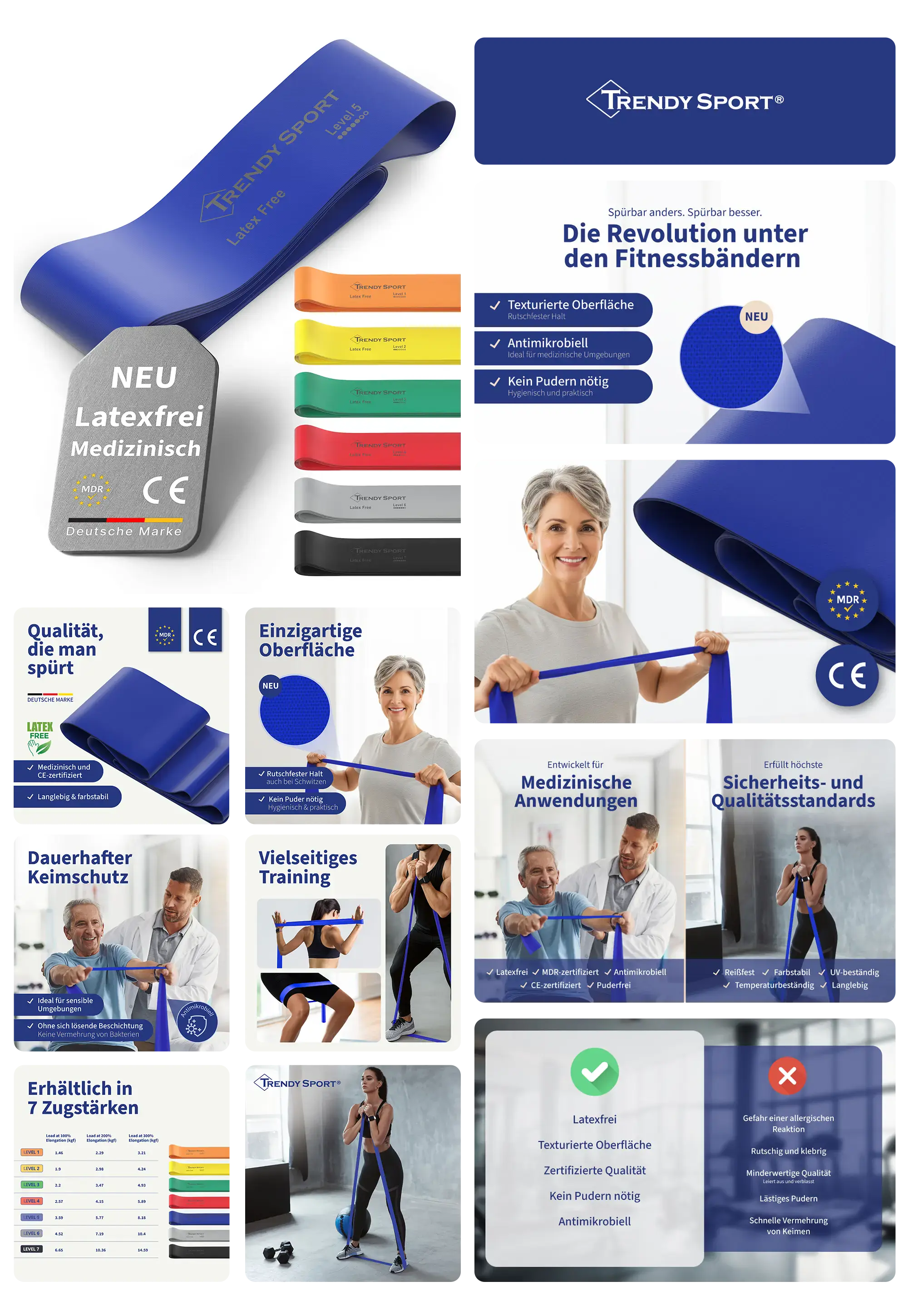 Mehrere latexfreie, medizinisch zertifizierte Terrabänder von TRENDY SPORT in Blau, Orange, Gelb, Grün, Rot, Grau und Schwarz, beworben als Trainingsbänder mit texturierter, antimikrobieller Oberfläche für vielseitiges und sicheres Fitness- und Reha-Training