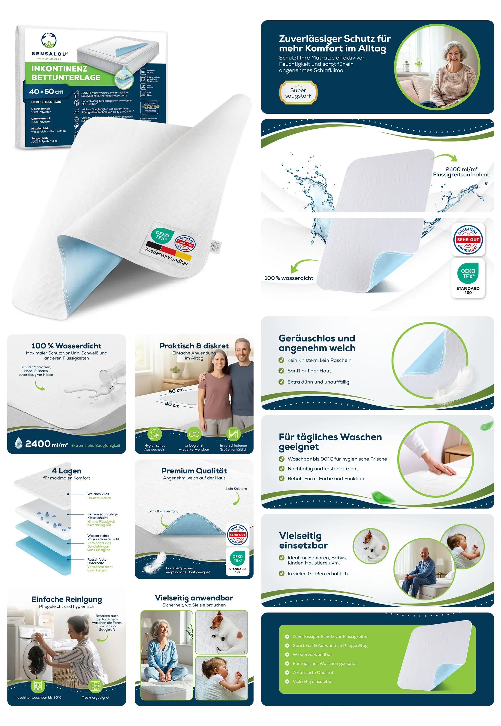 Weiße, wiederverwendbare SENSALOU Inkontinenz Bettunterlage (40x50 cm) mit vier saugstarken Lagen, beworben als 100% wasserdicht, geräuschlos und pflegeleicht für zuverlässigen Schutz und mehr Komfort im Alltag