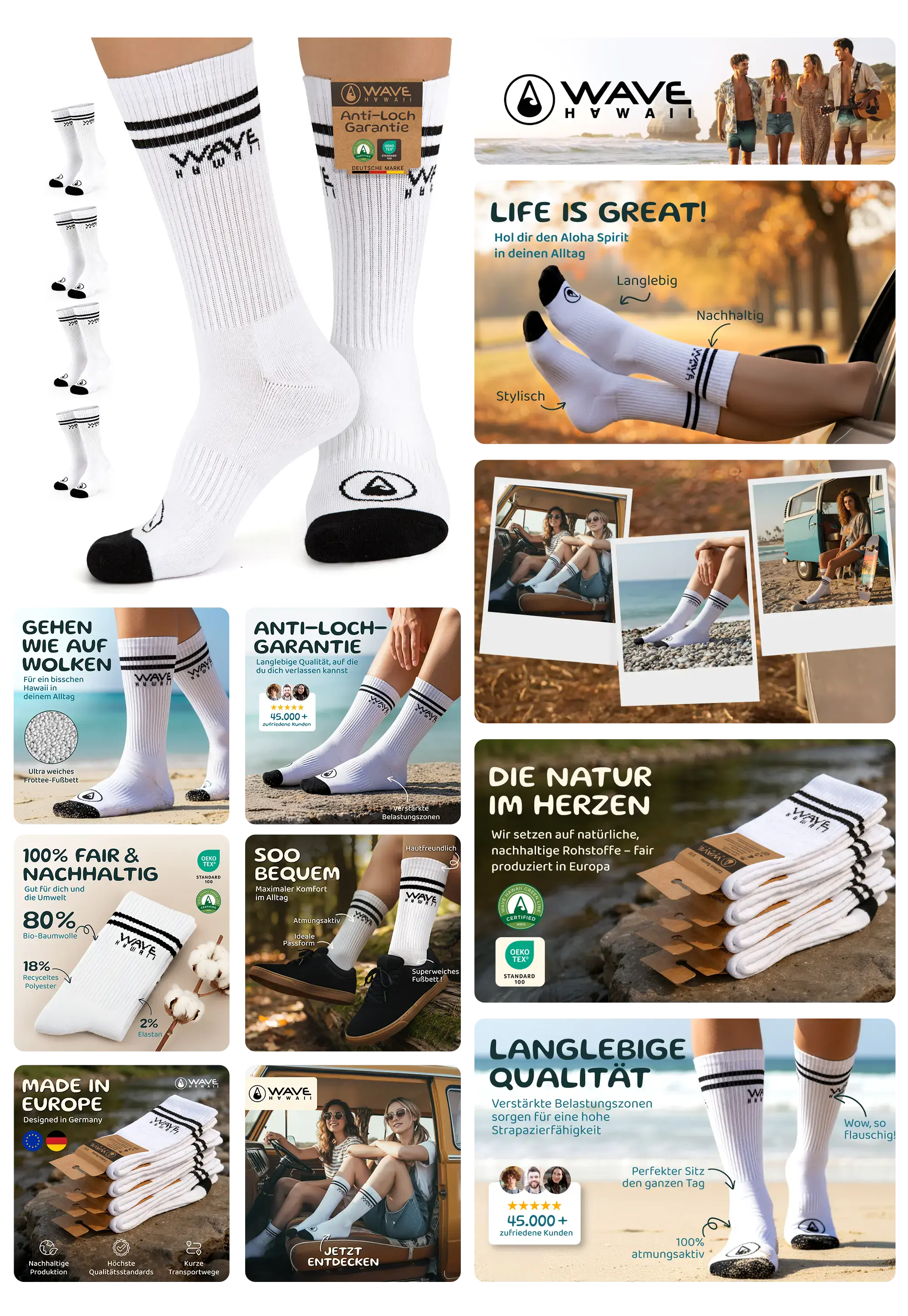 Weiße, knöchelhohe WAVE HWAII Airlite Socken mit schwarzen Streifen, beworben als langlebige und nachhaltige Socken aus Bio-Baumwolle mit Anti-Loch-Garantie für höchsten Tragekomfort und Stil im Alltag