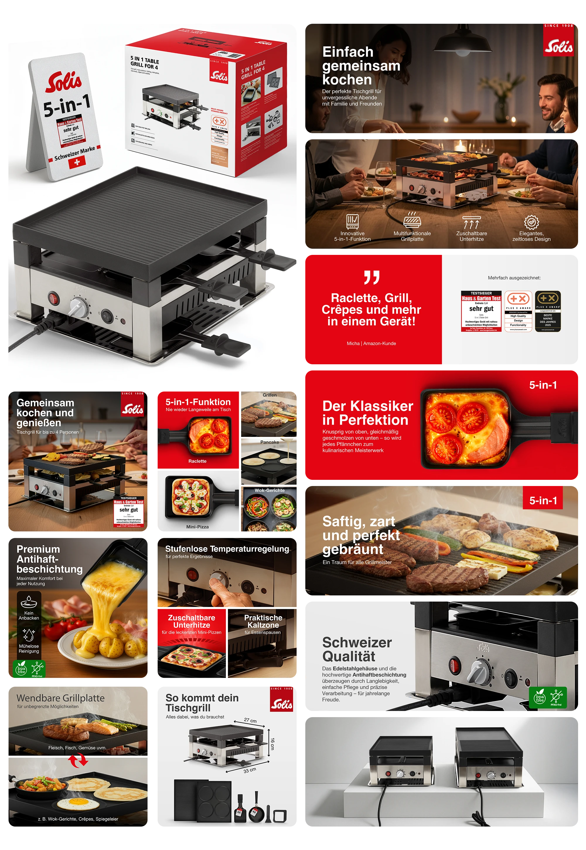 Solis 5-in-1 Tischgrill für 4 Personen – Multifunktionales Raclette-Gerät aus Edelstahl mit wendbarer Grillplatte für Crêpes, Mini-Pizzas und Wok-Gerichte, ideal für geselliges Kochen am Tisch.