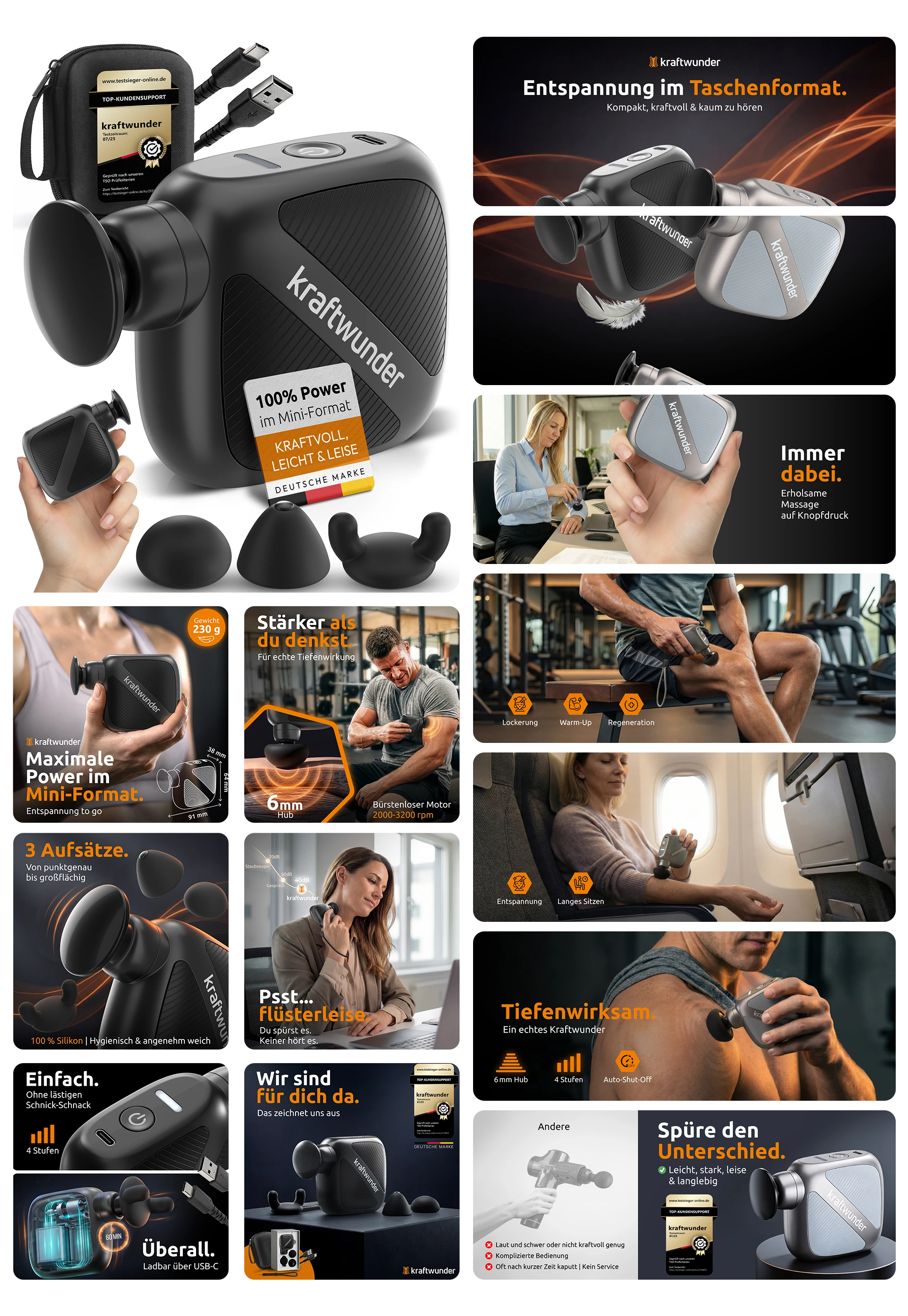 Kraftwunder Mini Massagepistole klein und leise – Kompaktes Massagegerät mit 4 Aufsätzen für Nacken und Rücken, USB-C aufladbar, ideal für Muskelentspannung im Büro, Fitnessstudio oder auf Reisen.