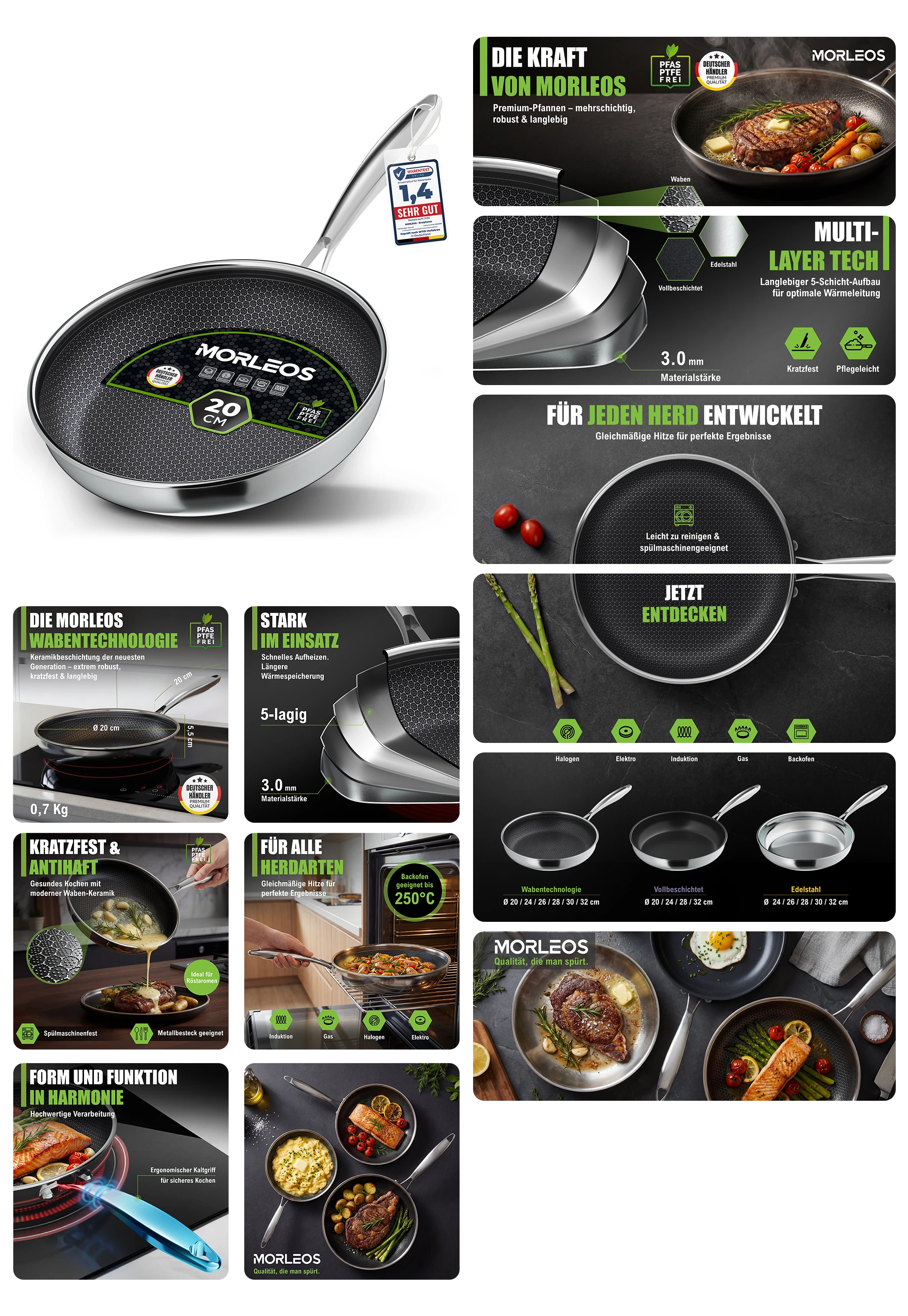 MORLEOS Edelstahl Bratpfanne 20 cm beschichtet – Kratzfeste Pfanne mit Wabenstruktur und 5-Schicht-Material, induktionsgeeignet und backofenfest, ideal für gesundes Braten ohne Anhaften.