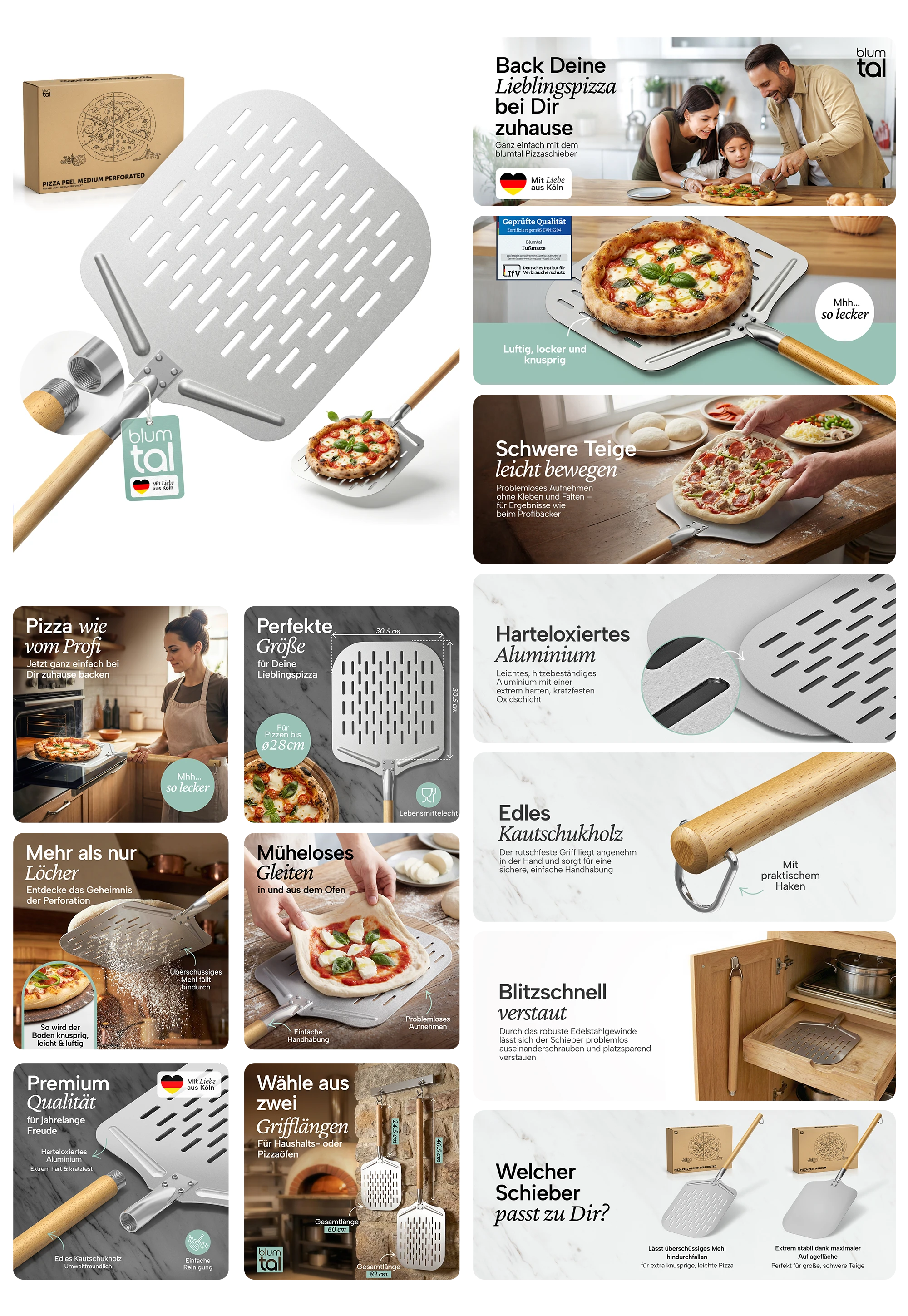 Blumtal Pizzaschieber perforiert aus Aluminium – Pizzaheber mit abnehmbarem Holzgriff aus Kautschukholz, ideal für Pizzaofen und Backofen, verhindert Ankleben für knusprige Pizza wie beim Profi.