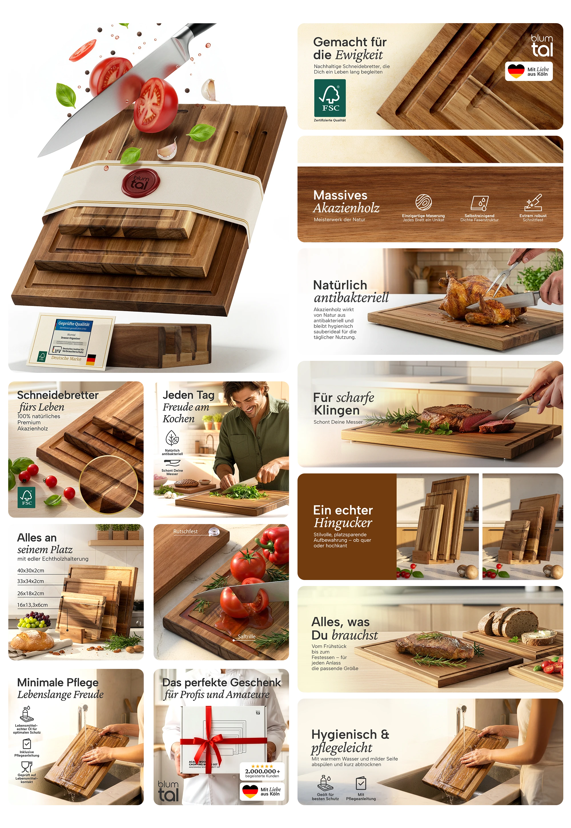 Blumtal Schneidebretter Set aus massivem Akazienholz – Antibakterielles Holzbrett mit Saftrille, klingenschonend und robust, ideal als Servierbrett, Hackblock oder Frühstücksbrettchen für die Küche.