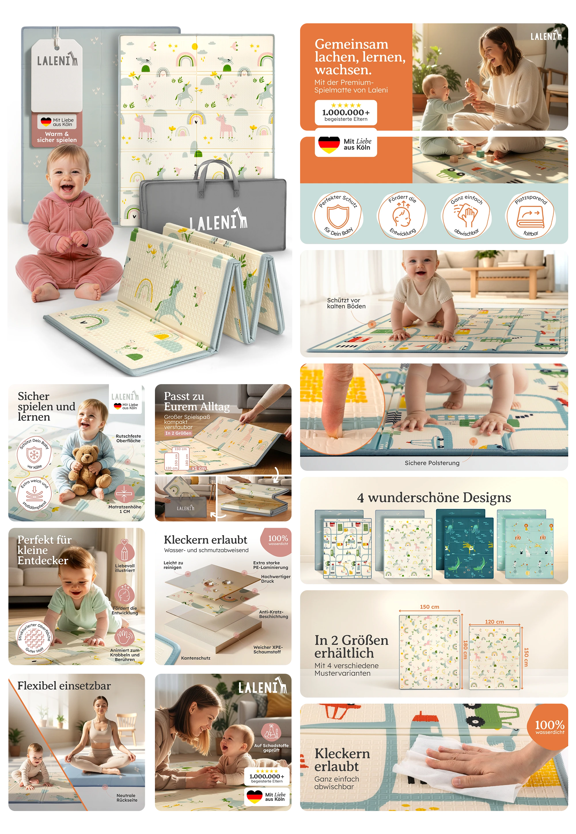 LALENI Spielmatte für Babys faltbar und wasserdicht – Große XPE Krabbelmatte, rutschfest und schadstoffgeprüft, beidseitig bedruckt mit Lernmotiven, ideal als wärmende Unterlage für drinnen und draußen.