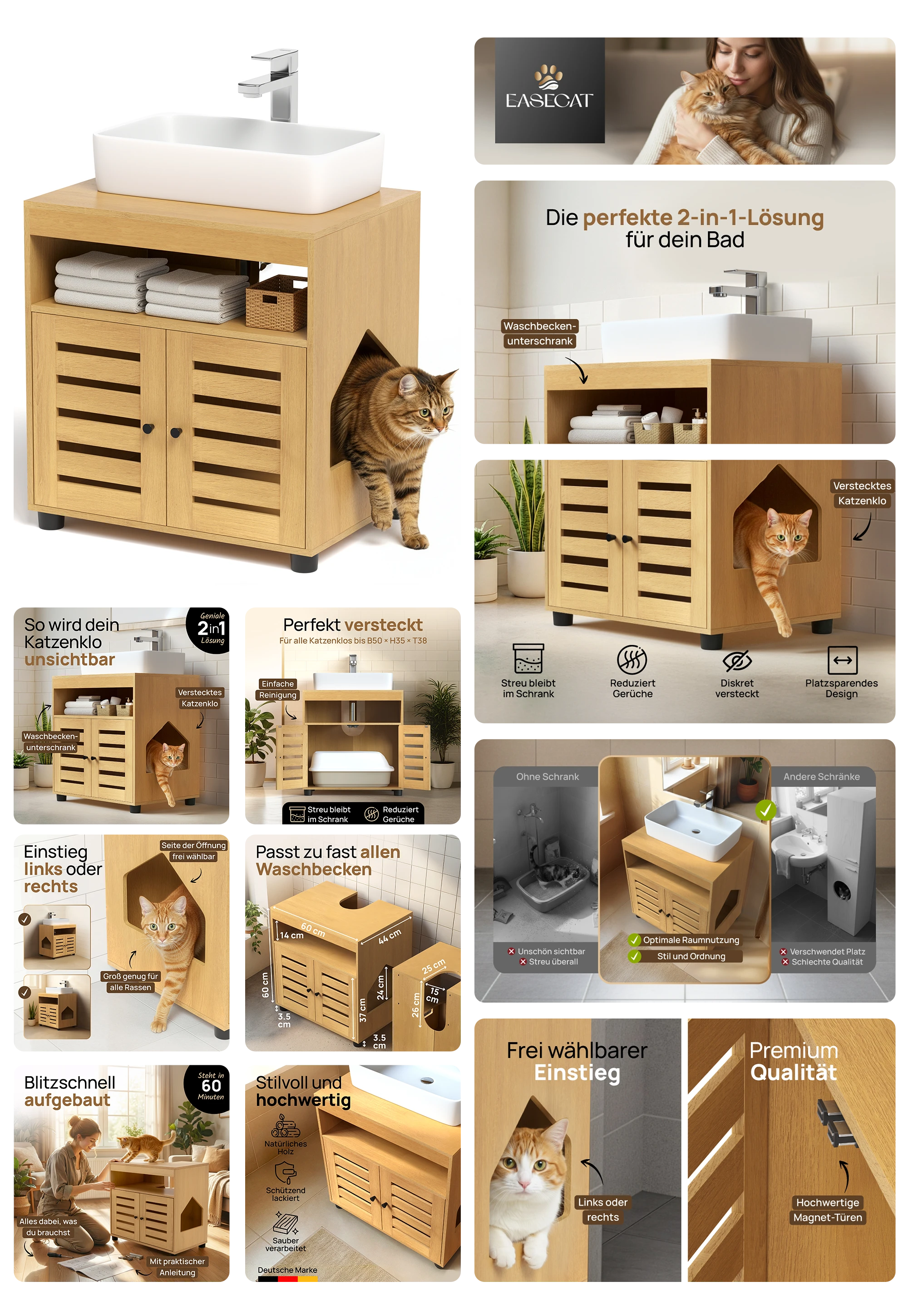 Easecat Waschtischunterschrank für Katzenklo – 2-in-1 Badezimmermöbel mit verstecktem Fach für die Katzentoilette, diskreter Einstieg und magnetischen Türen, reduziert Gerüche und verhindert Katzenstreu im Bad.