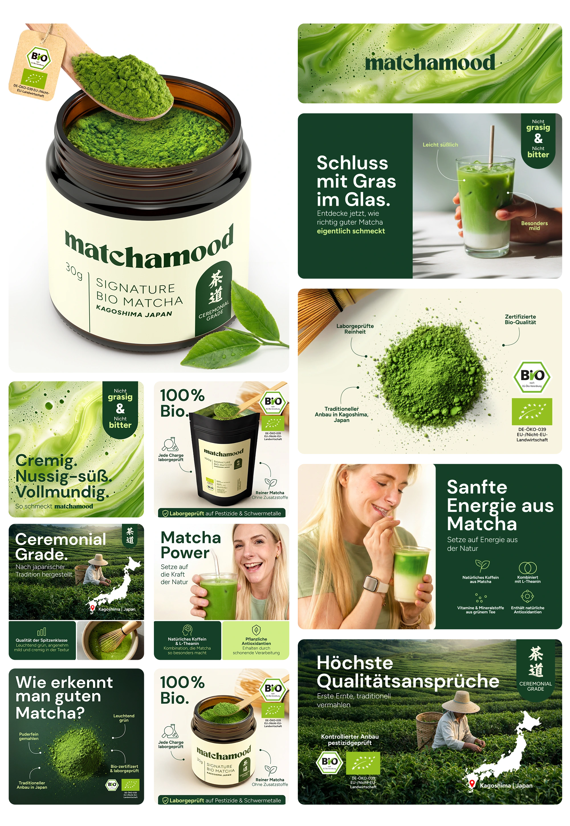 Matchamood Signature Bio Matcha Tee Pulver in der Dose, Ceremonial Grade aus Kagoshima Japan, mit einem Löffel voll leuchtend grünem Teepulver und Bio-Siegel.