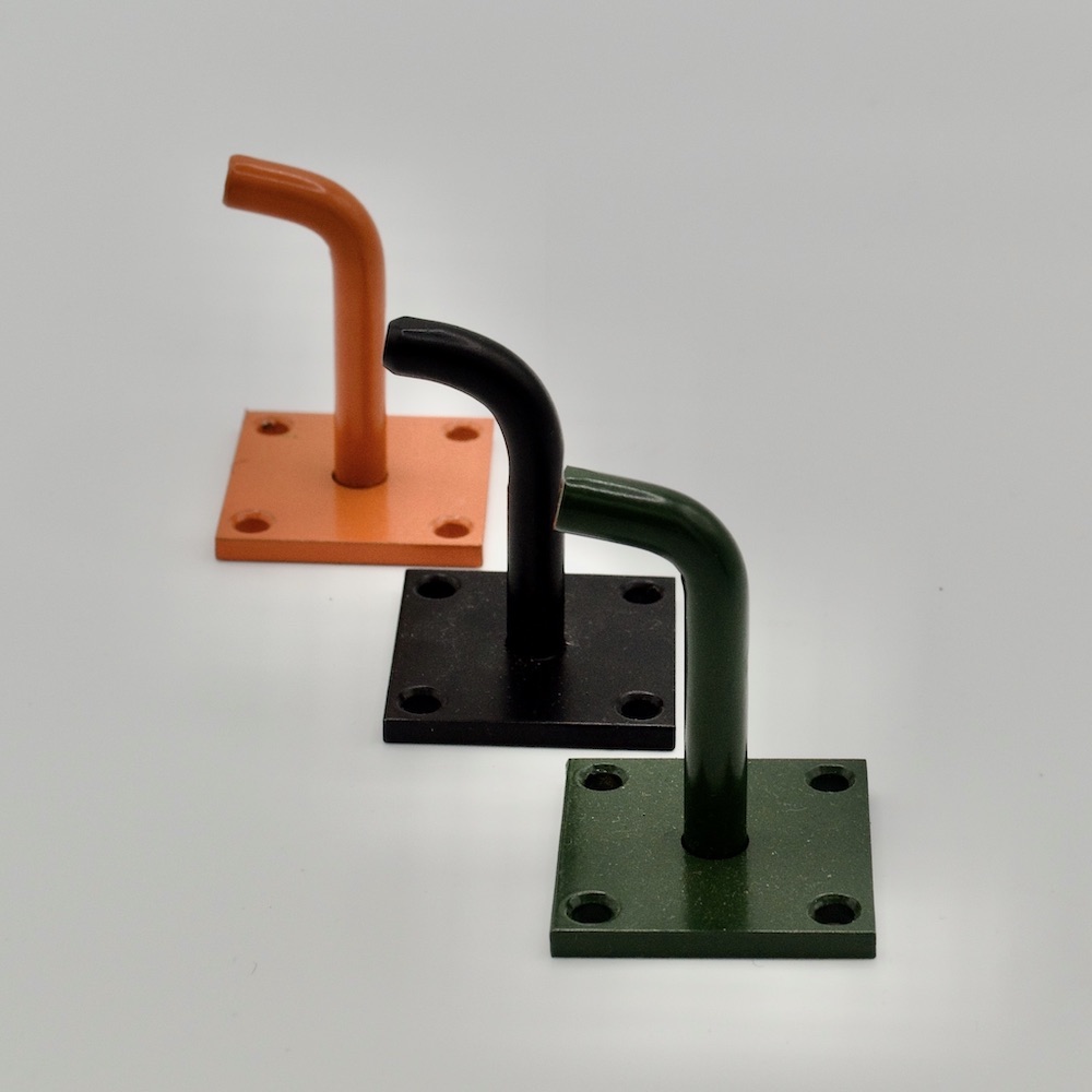 Steel hooks made in orange, black and green. 