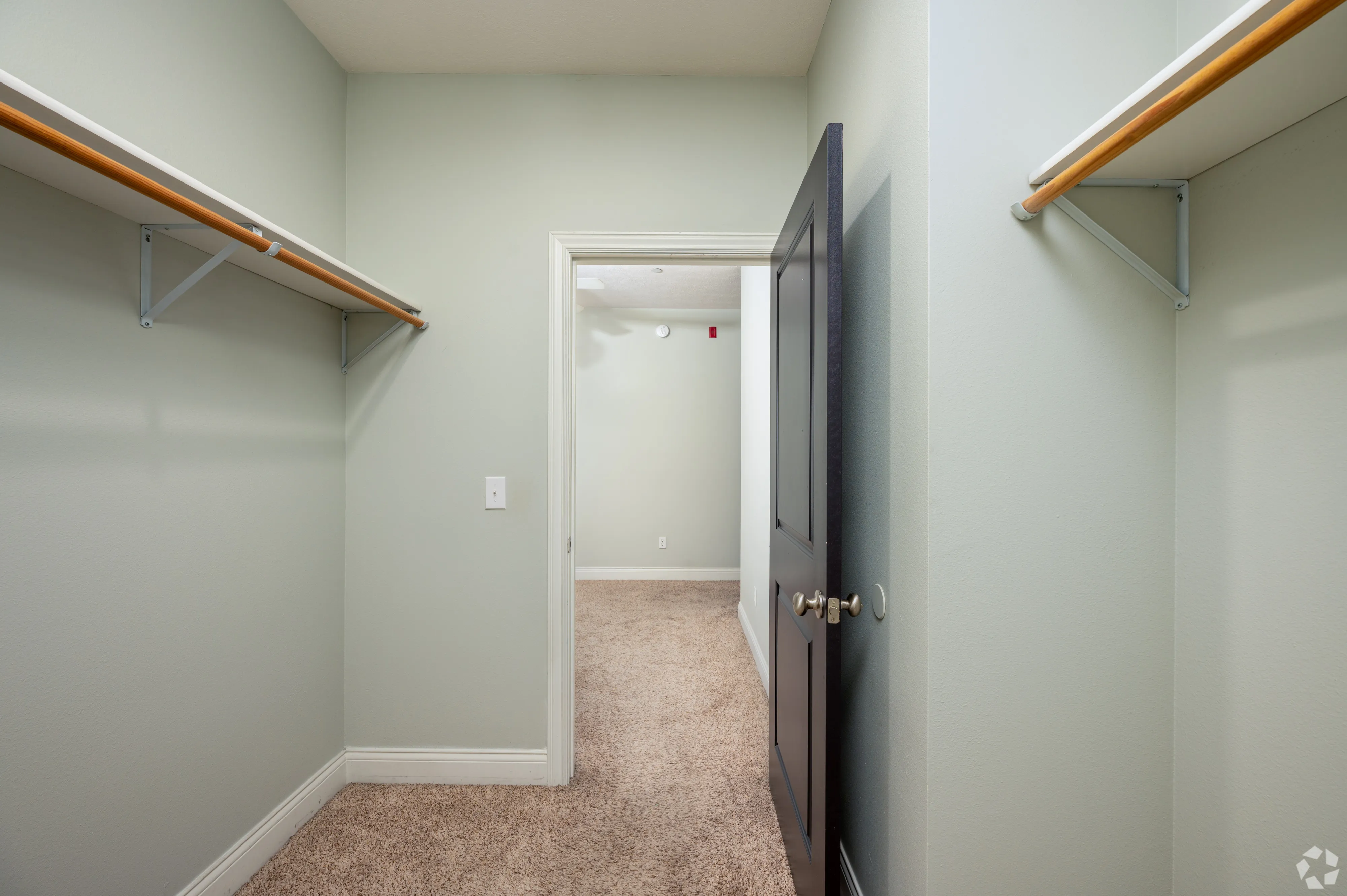 Walk-in closet at 7 Ten featuring dual hanging rods, built-in shelving, and neutral carpeting.