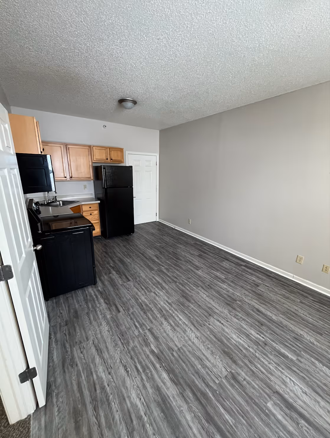 Open living area at The Northern showing the transition from kitchen to living space with the wood-style flooring to neutral walls with plenty of natural light space.
