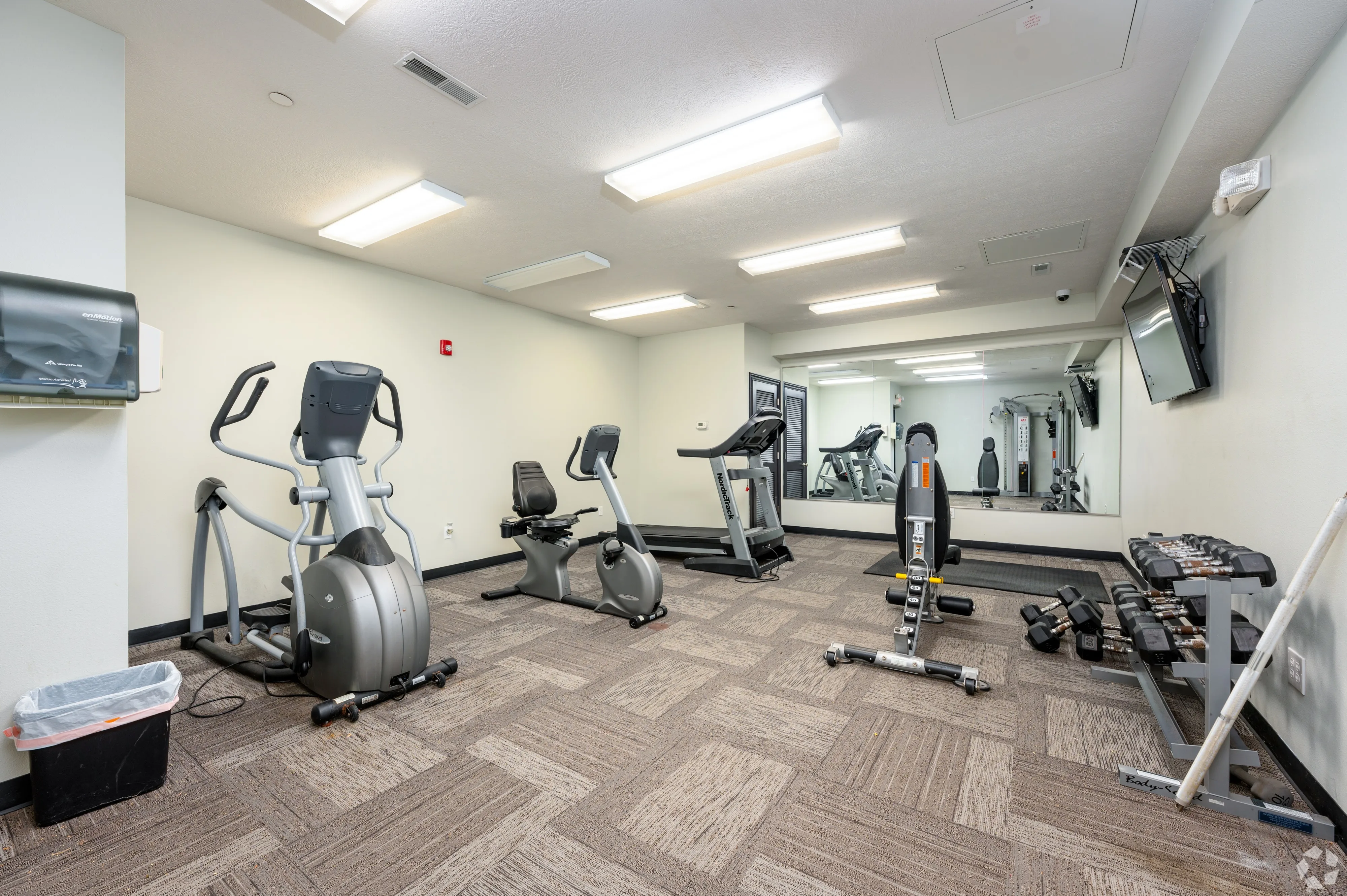 Gym at 7 Ten with cardio machines, free weights, large mirrors, and patterned commercial-grade carpeting.