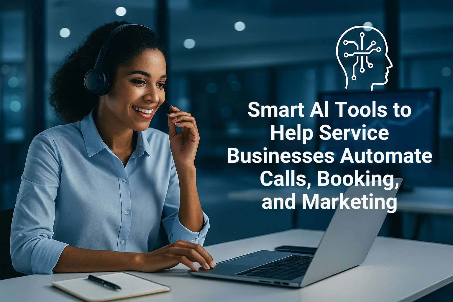 AI receptionist helping a small business automate customer calls, scheduling, and marketing using smart AI tools on a laptop