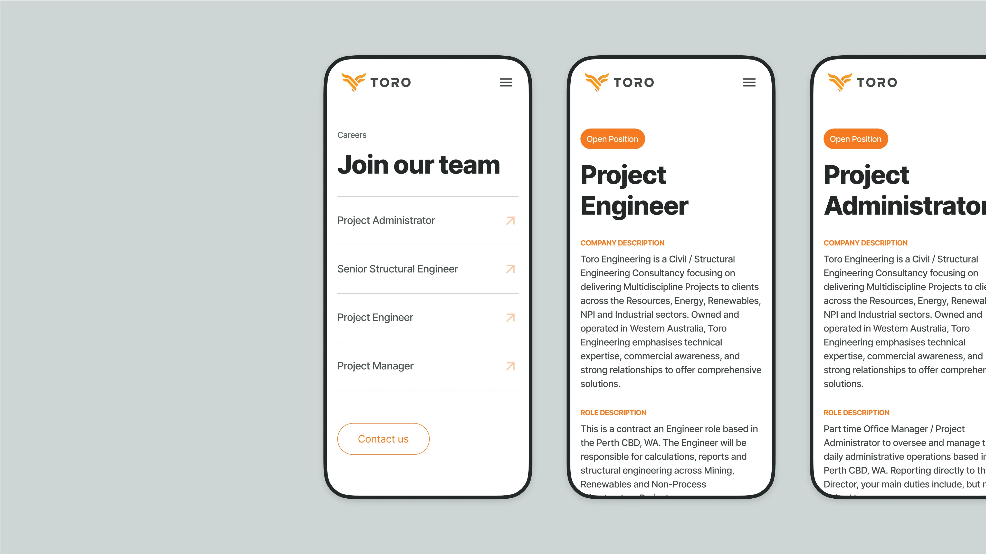 Toro Engineering online job board displayed on mobile screens