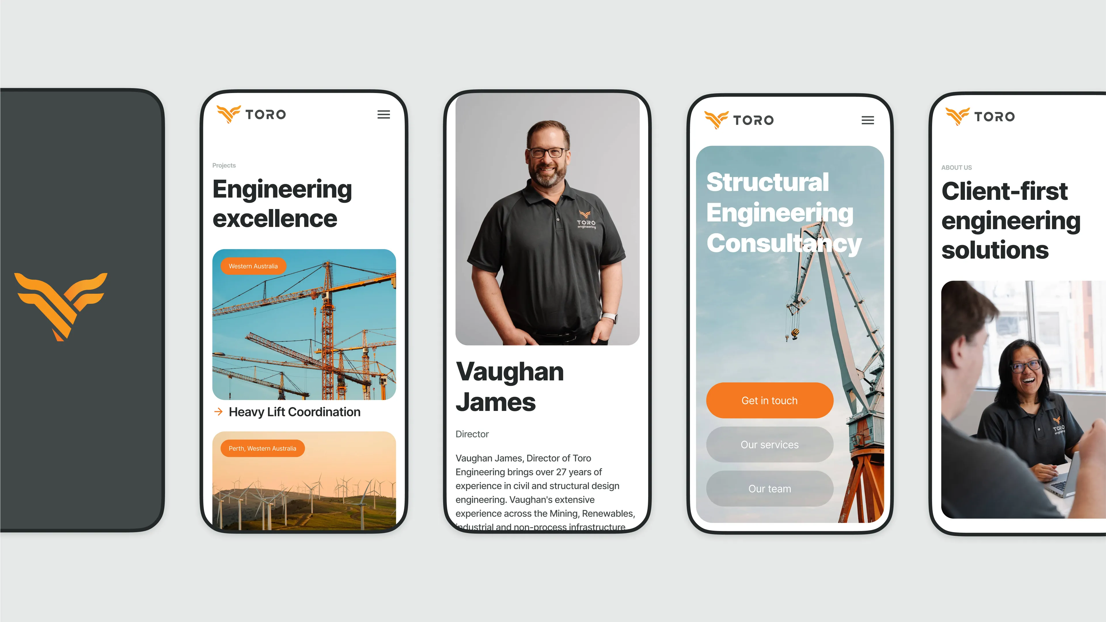 Toro Engineering website pages displayed on mobile screens