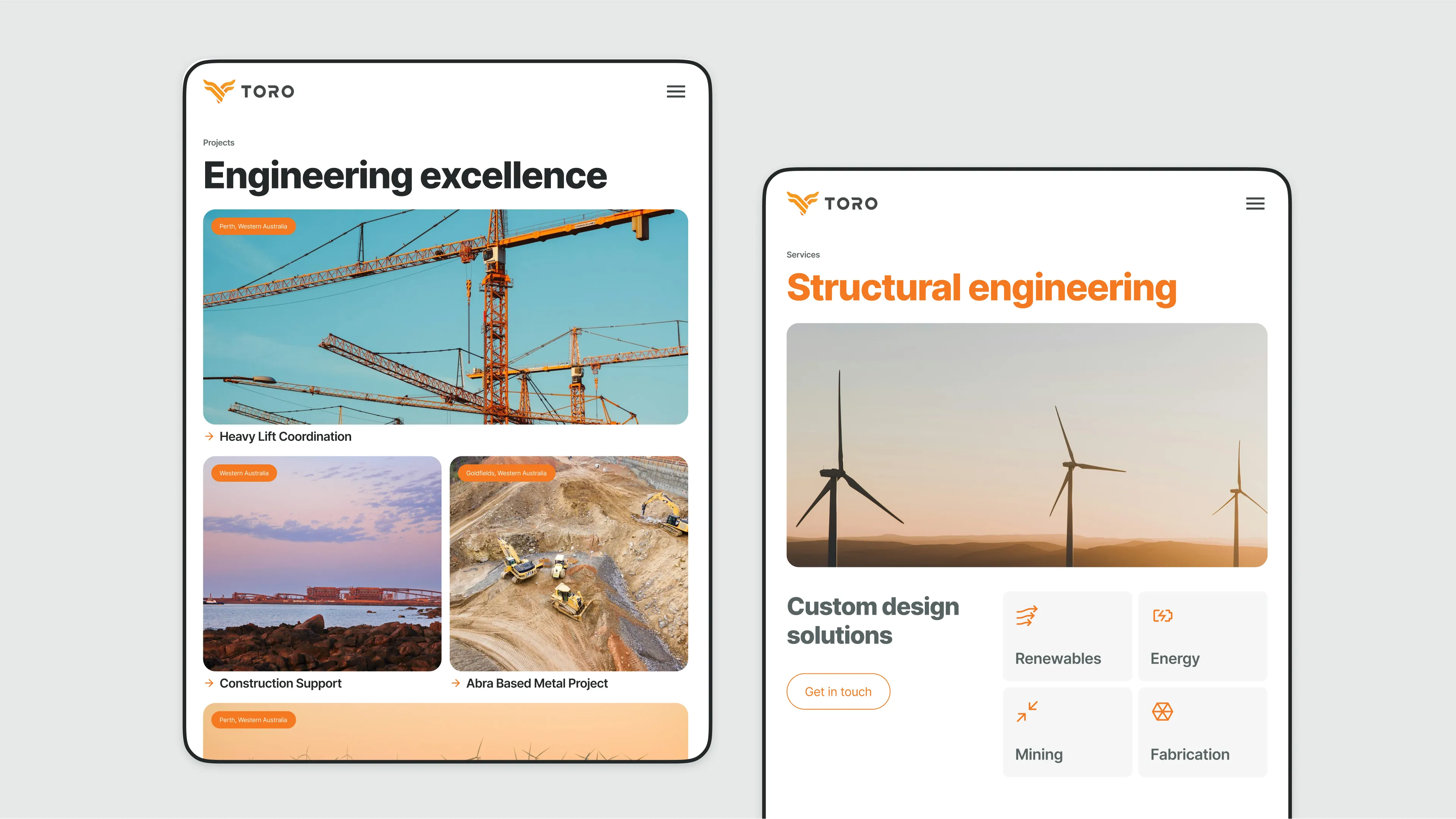 Toro Engineering website pages displayed on tablet devices