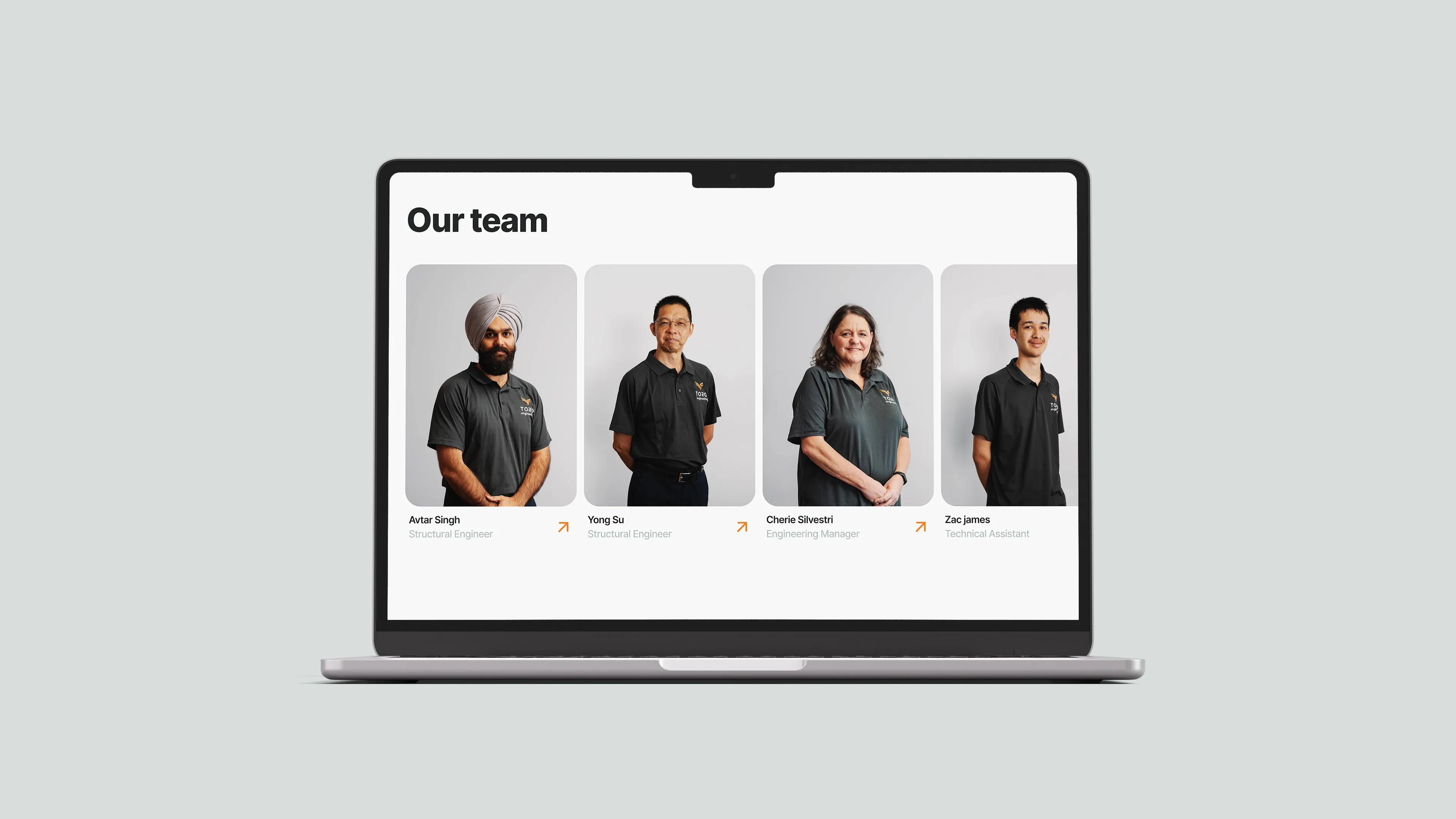 Toro Engineering website team page displayed on a laptop