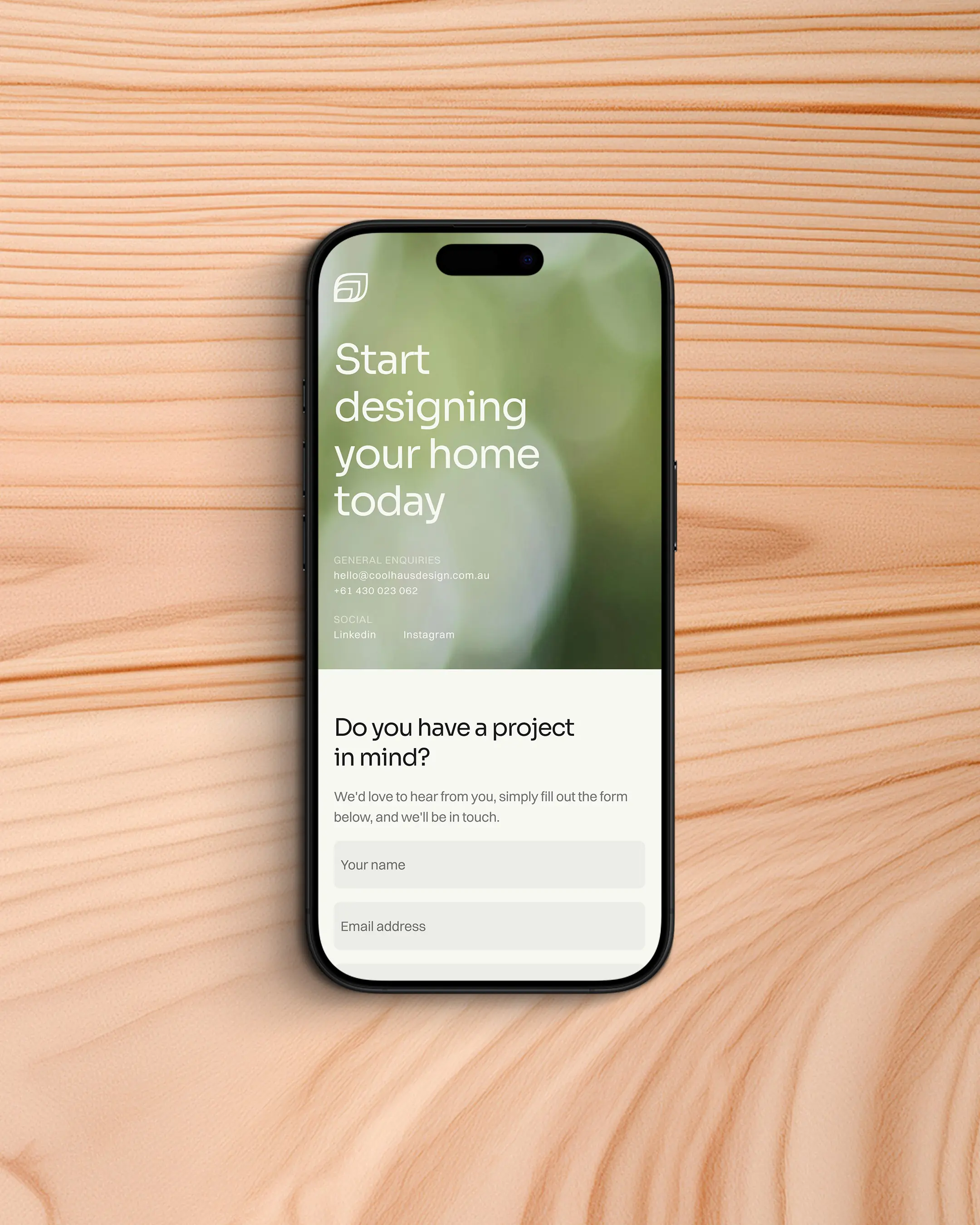 Website contact page on mobile for Cool Haus Design