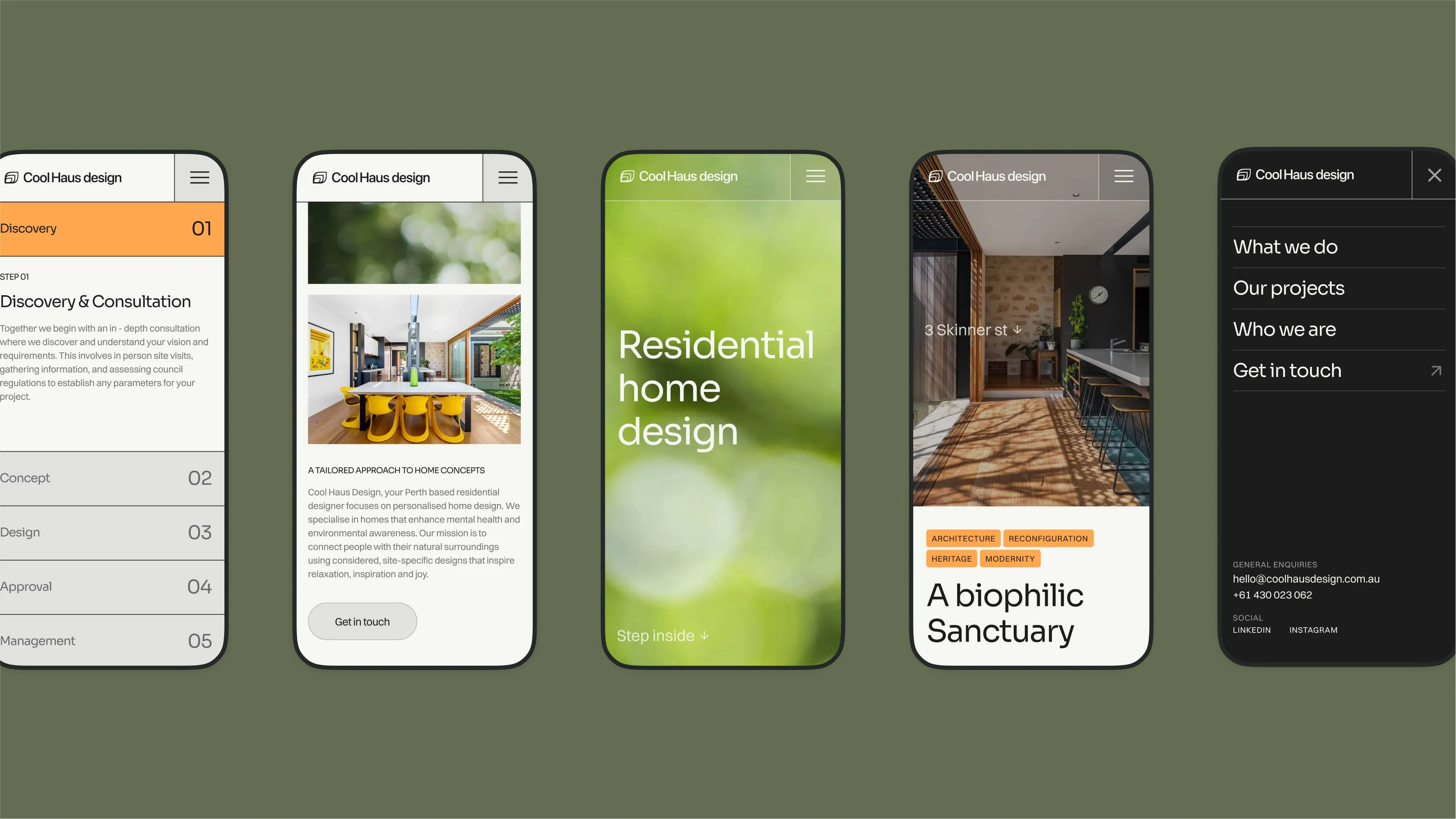 Mobile views of various website pages for Cool Haus Design
