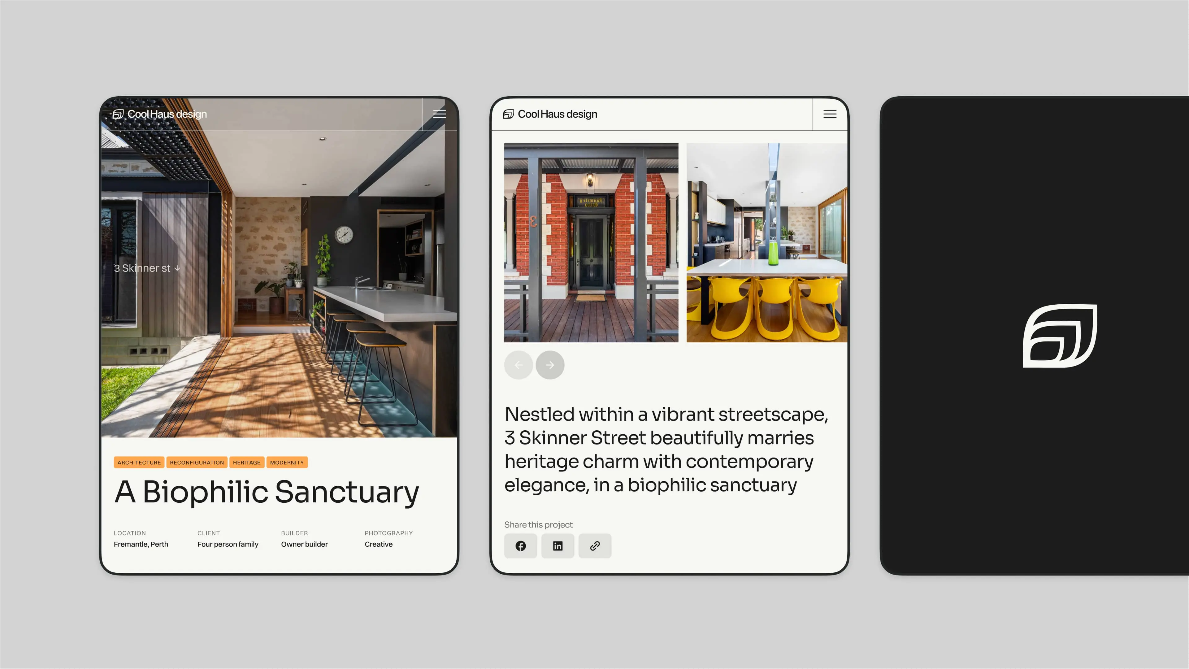 Tablet views of various website pages for Cool Haus Design