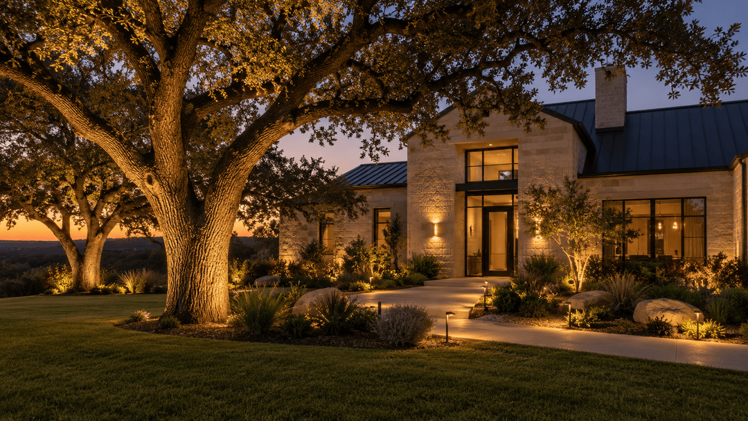 Central Texas home with professional landscape lighting by Tree Scouts - tree uplighting, facade washes, and path lights glowing at dusk