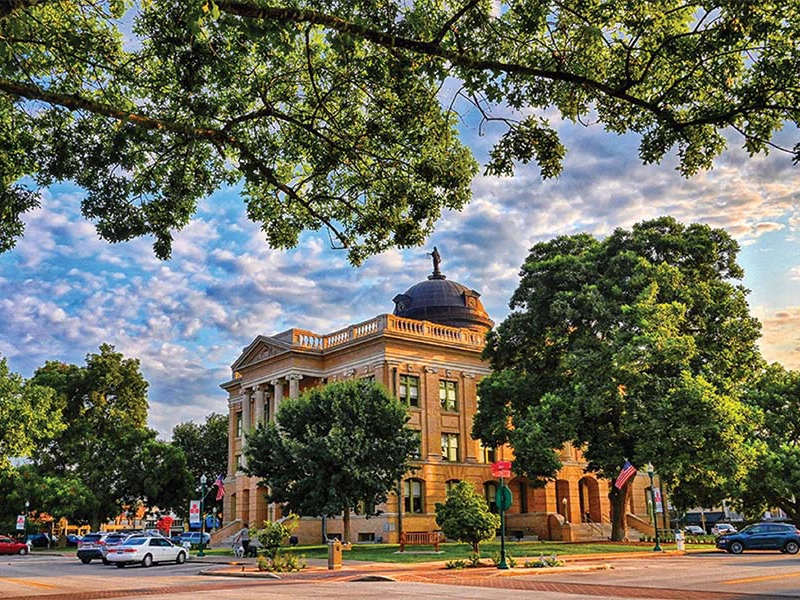 A scenic view of Georgetown with historic buildings, cobblestone streets, and lush greenery.