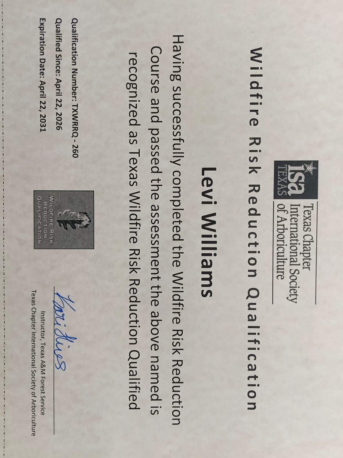 Tree Scouts arborist Levi Williams Wildfire Risk Reduction Qualification certificate from ISA Texas