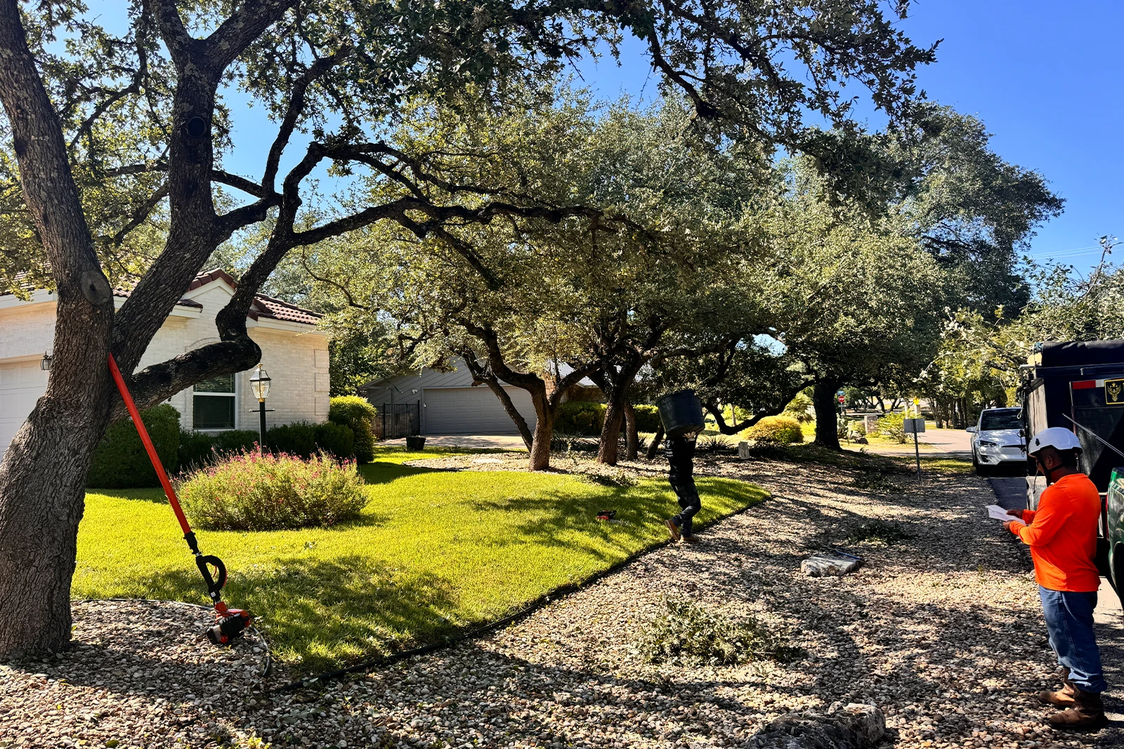 A serene natural scene in Dripping Springs Texas featuring cascading water droplets from a rocky overhang into a calm, clear blue pool surrounded by greenery.