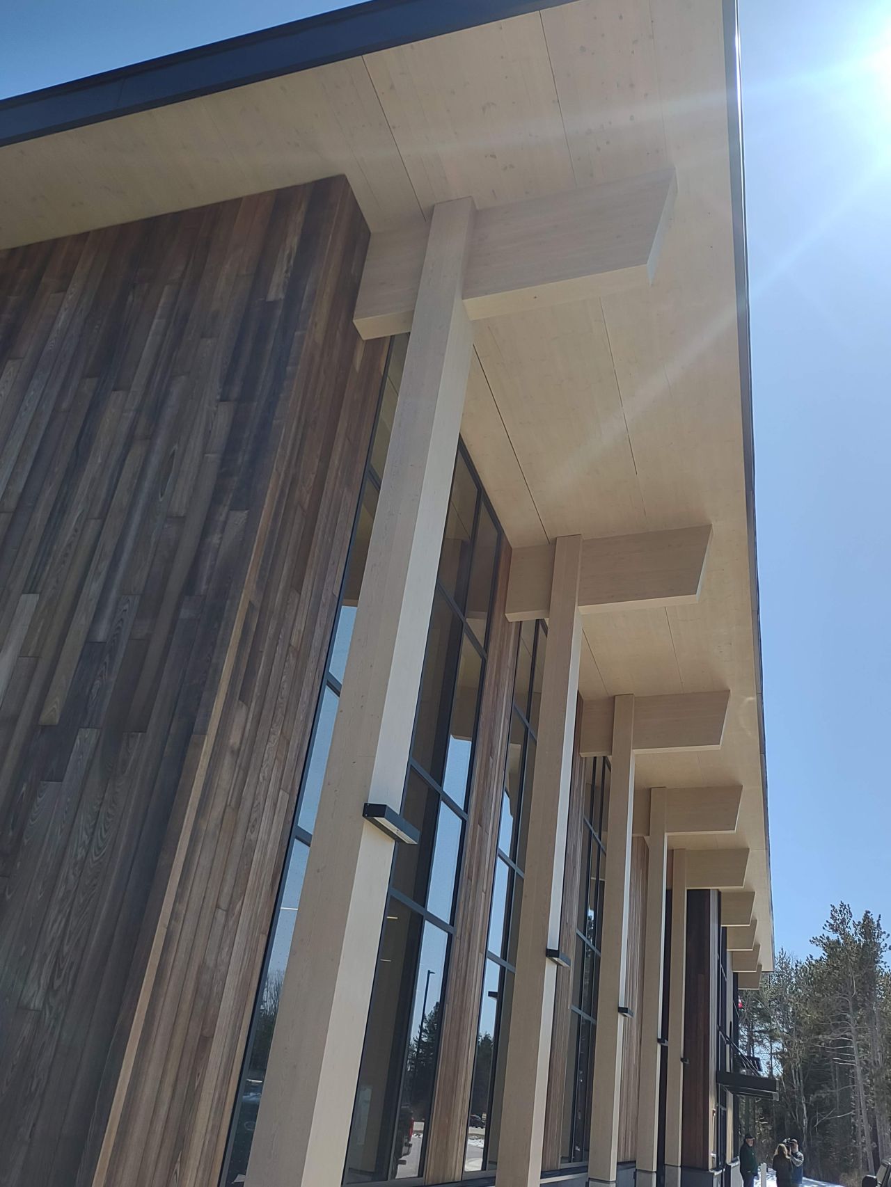 Exterior walls made of mass timber and red pine tree species.