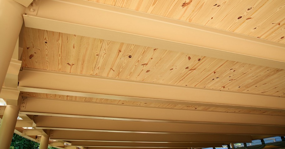 A mass timber ceiling of the Gateway Foundation Multipurpose Room Expansion from underneath.