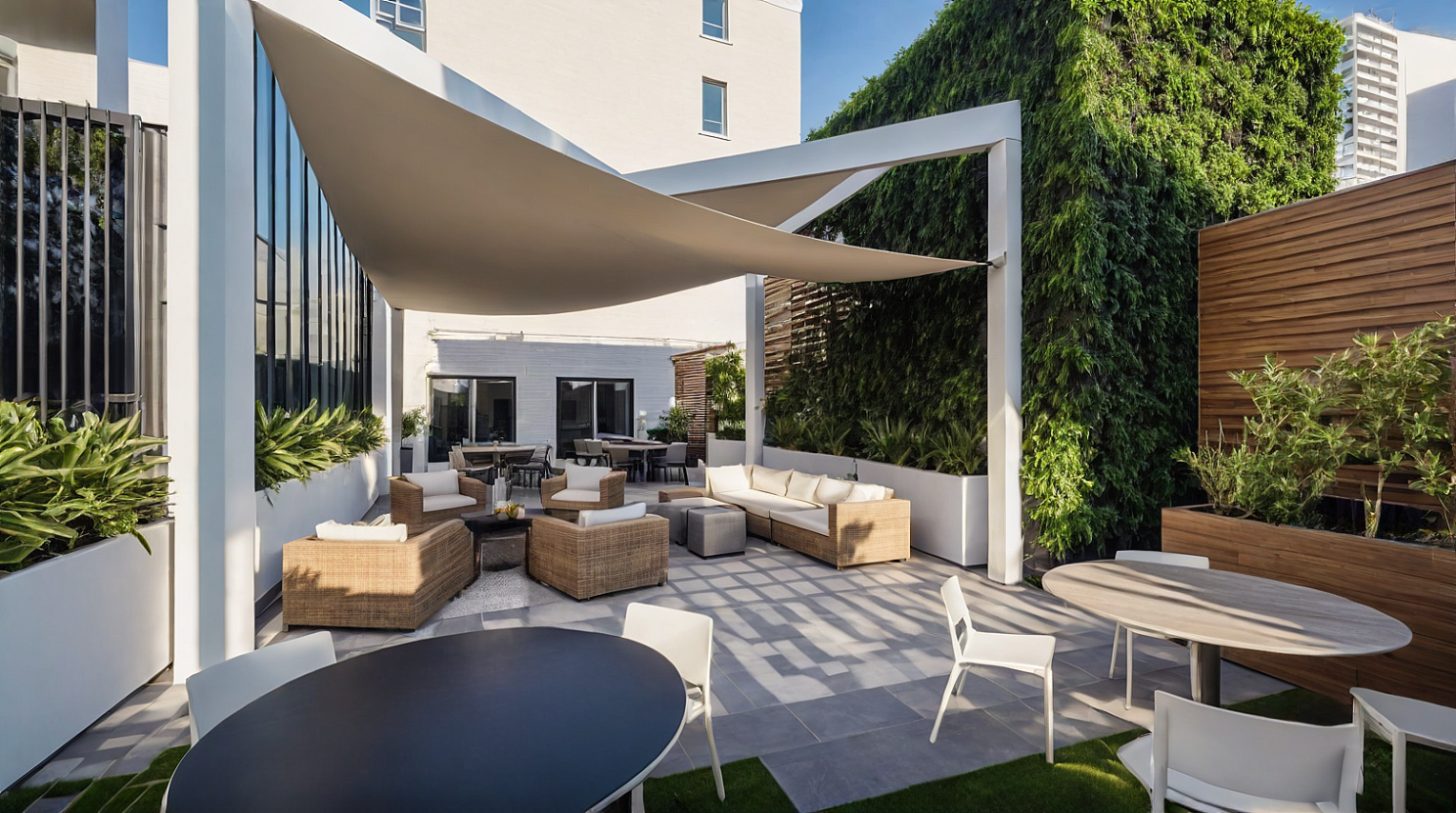 Outside seating and a canopy overhead. Lounge Chairs and tables with chairs are setup on a back patio.