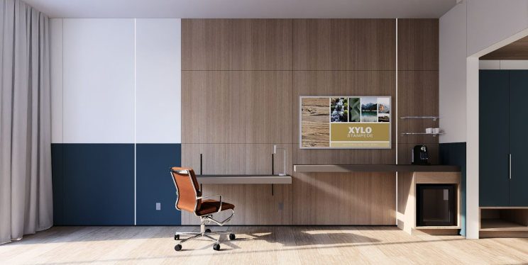 An office rendering of a chair with wooden walls curtains and accent paint colors.