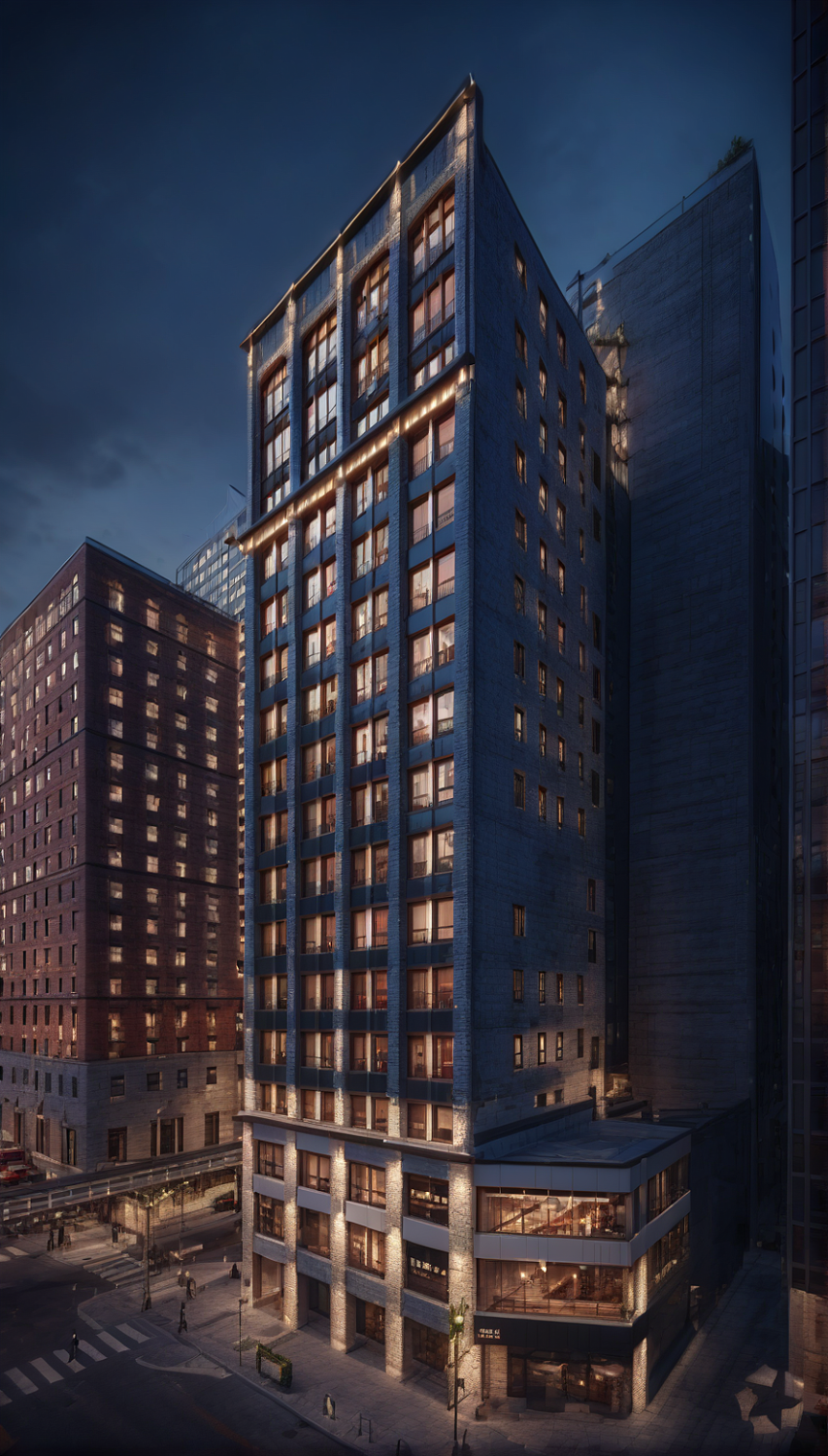 A tall building at night that is lighted up.