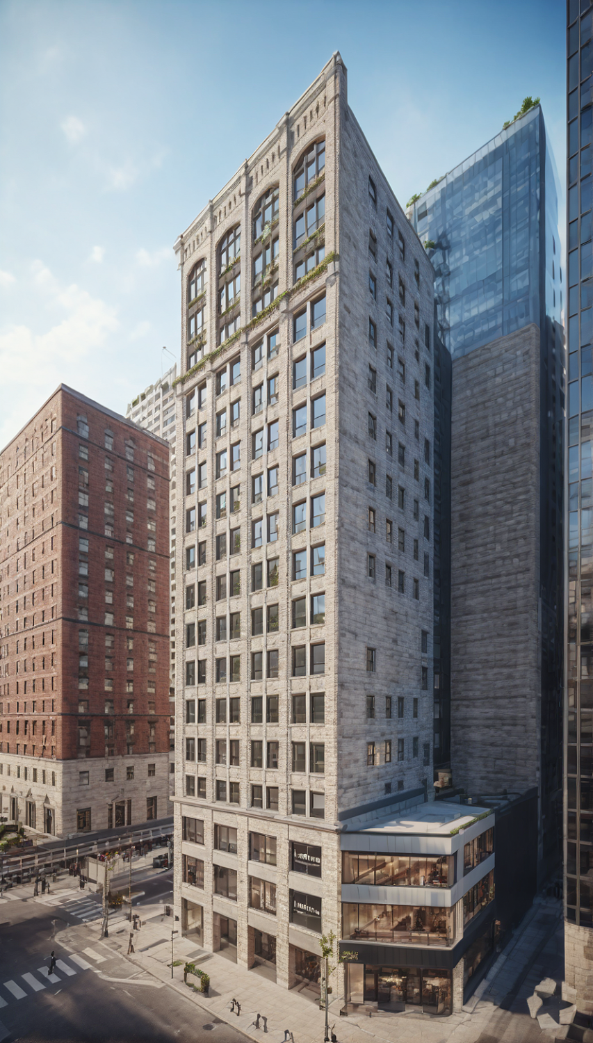 Tall buildings downtown in a city with windows and brick facade.