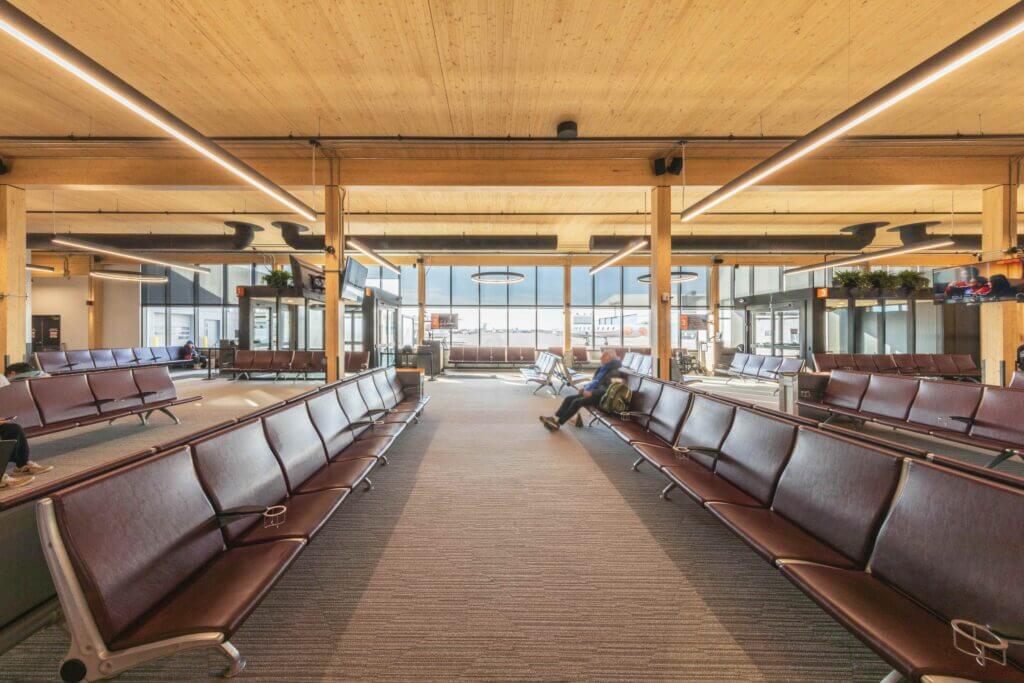 A airport with mass timber exposed ceilings. 