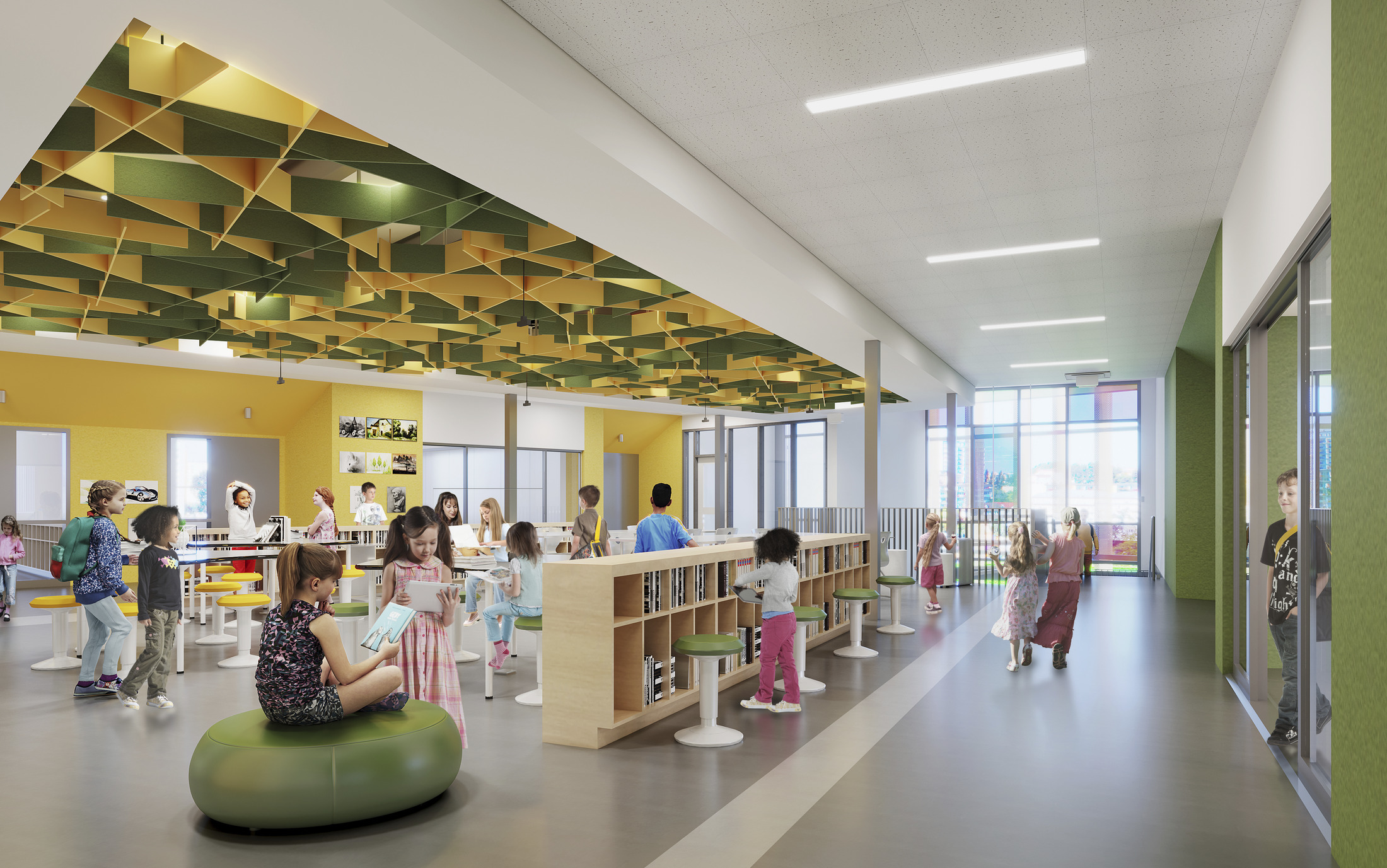 Children playing in a school with green and yellow materials. 