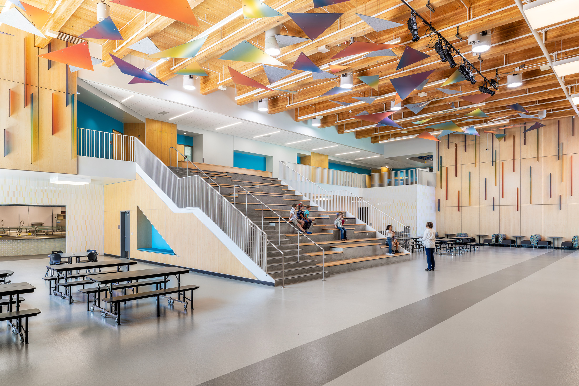 The mass timber is on the ceiling exposed in the lunch room. 
