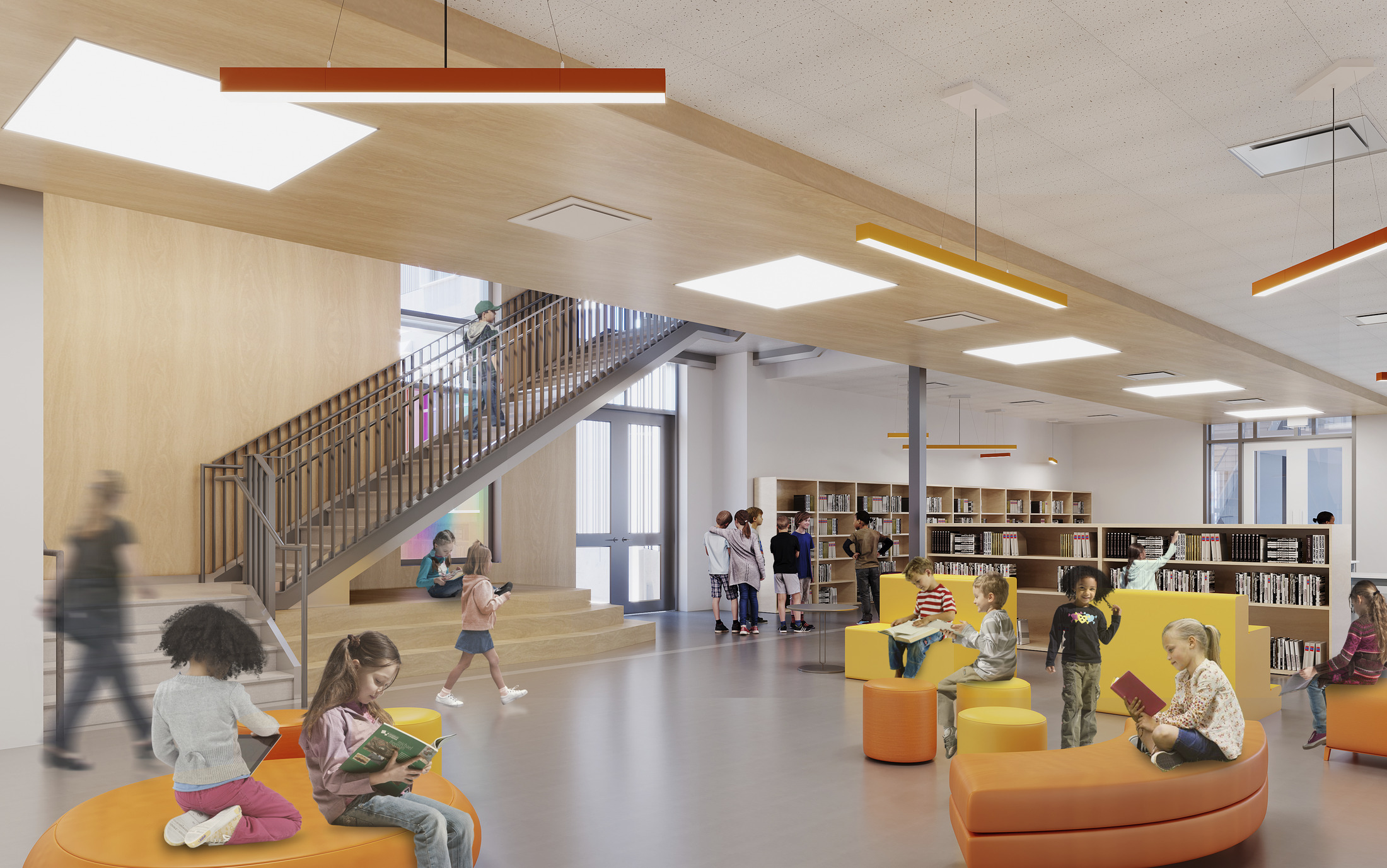 School Children with a mass timber roof.