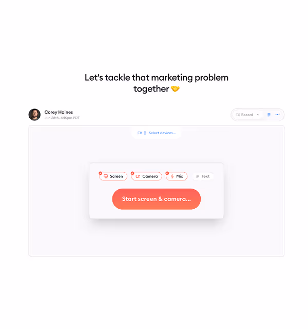 User interface showing a recording prompt with options for Screen, Camera, and Mic, and a red button labeled 'Start screen & camera...'.