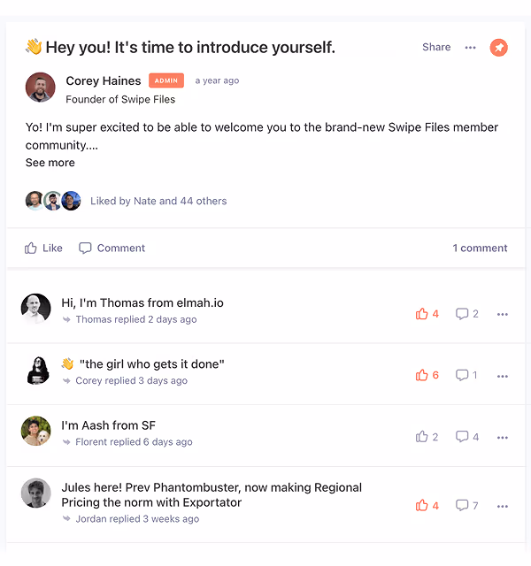 Online community post titled 'Hey you! It's time to introduce yourself' by Corey Haines, founder of Swipe Files, welcoming new members; followed by comments from Thomas, Corey, Florent, and Jordan introducing themselves.