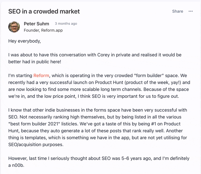 Screenshot of a LinkedIn post titled 'SEO in a crowded market' by Peter Suhm, founder of Reform.app, discussing the importance of SEO for the form builder space and sharing insights on launching successfully on Product Hunt.