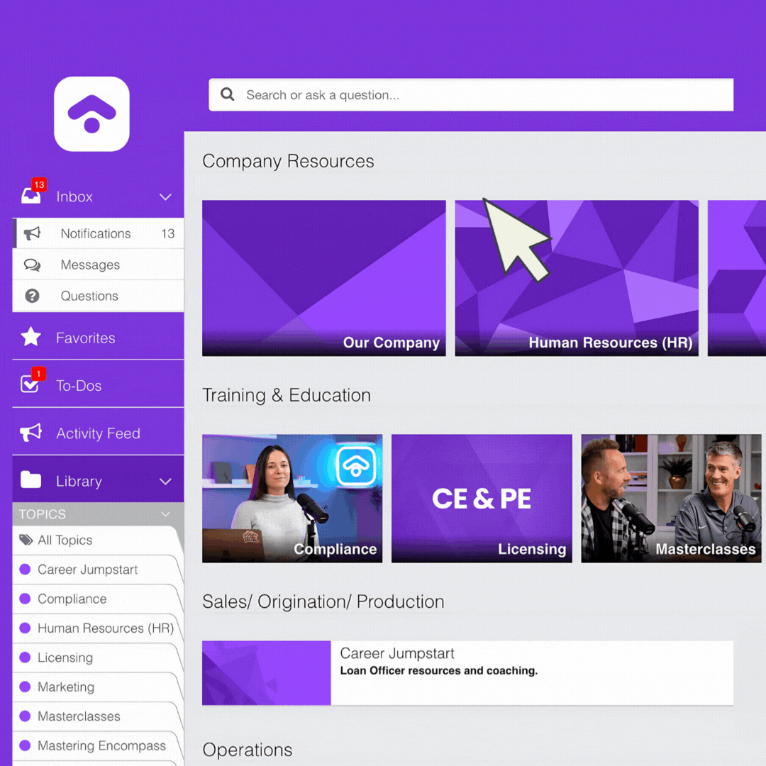 A gif of our platform with compliance training, CE, PE, and masterclass content available.