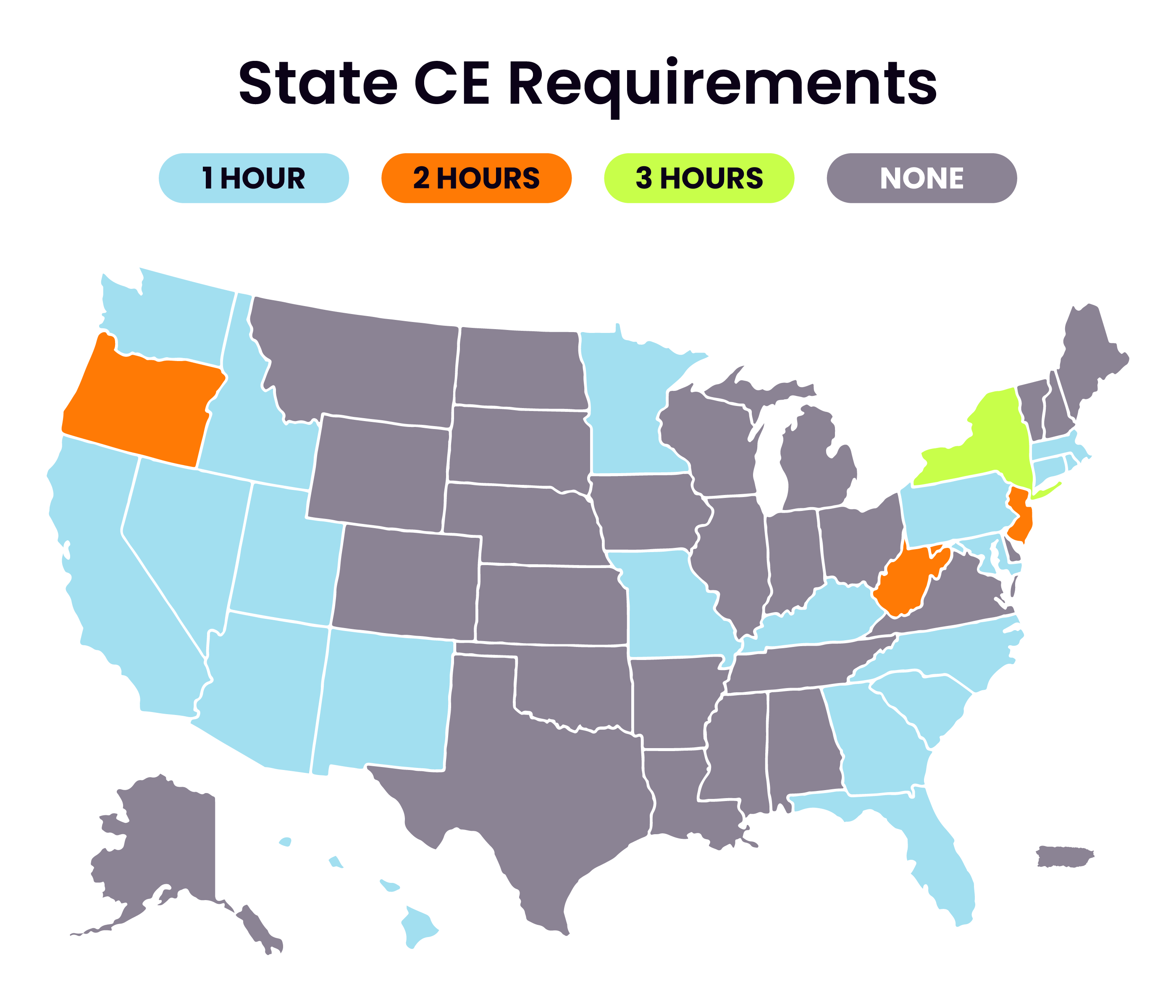 US states highlighted by number of additional state specific continuing education hours required to renew your MLO license. 