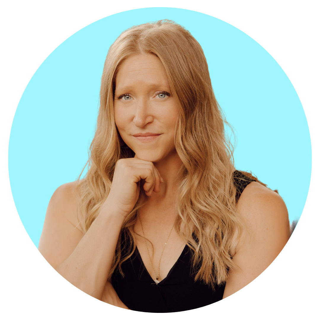 A woman wearing a black shirt holds her chin with one hand. The woman's picture is set against a blue, green circle.